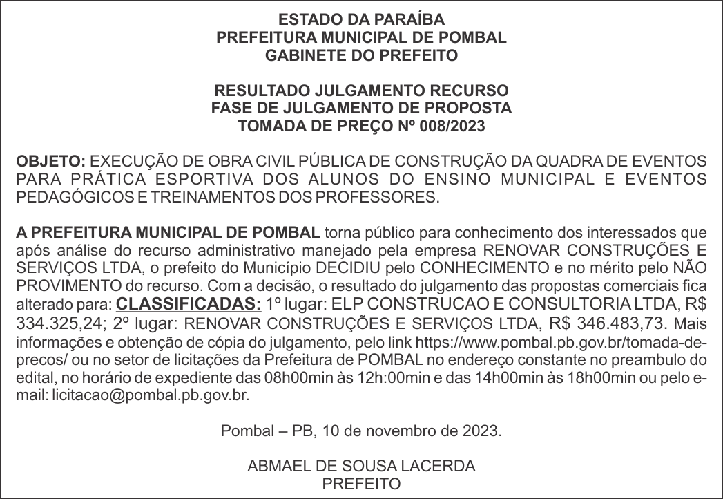PREFEITURA MUNICIPAL DE POMBAL – RESULTADO JULGAMENTO RECURSO – TOMADA DE PREÇO Nº 008/2023