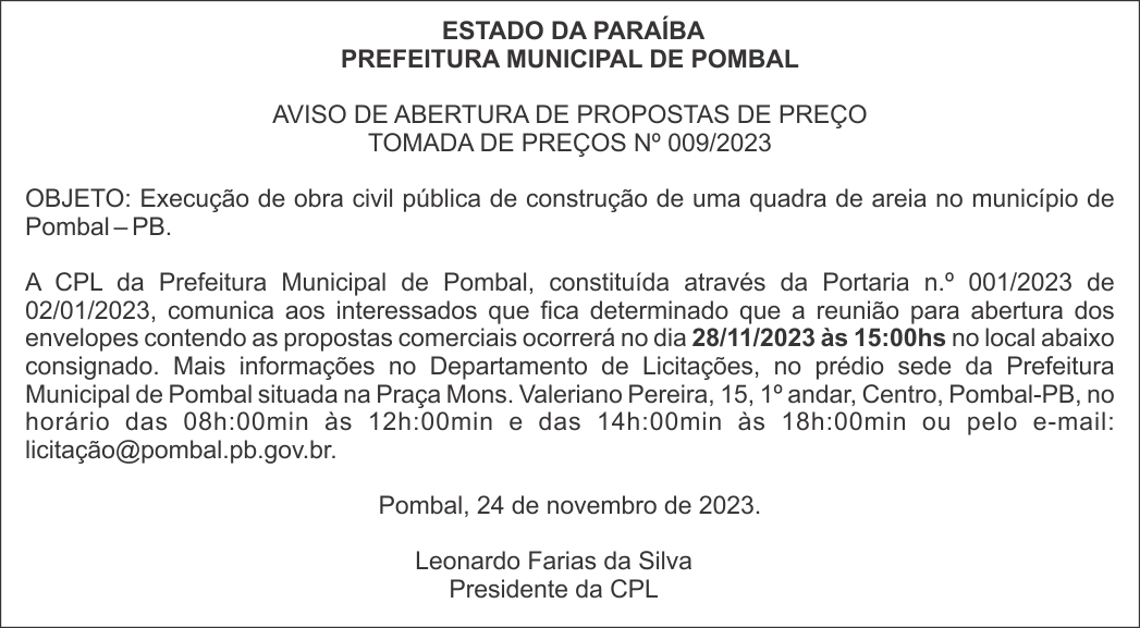 PREFEITURA MUNICIPAL DE POMBAL – AVISO DE ABERTURA DE PROPOSTAS DE PREÇO – TOMADA DE PREÇOS Nº 009/2023