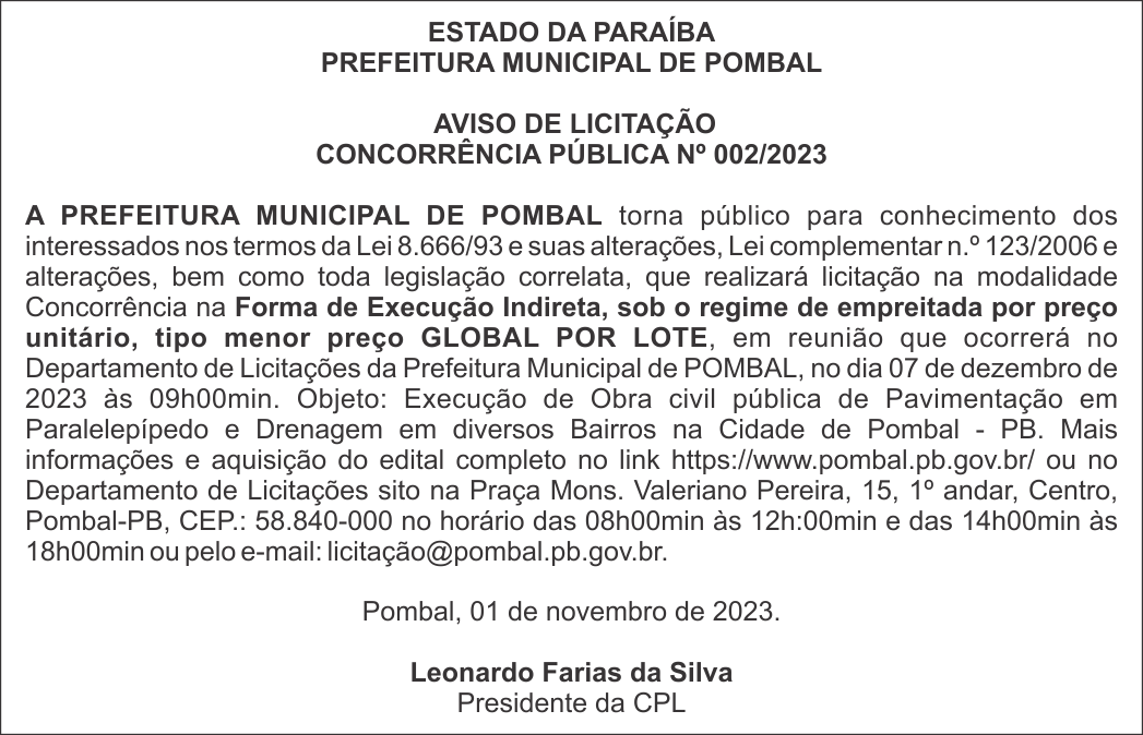 PREFEITURA MUNICIPAL DE POMBAL – AVISO DE LICITAÇÃO – CONCORRÊNCIA PÚBLICA Nº 002/2023