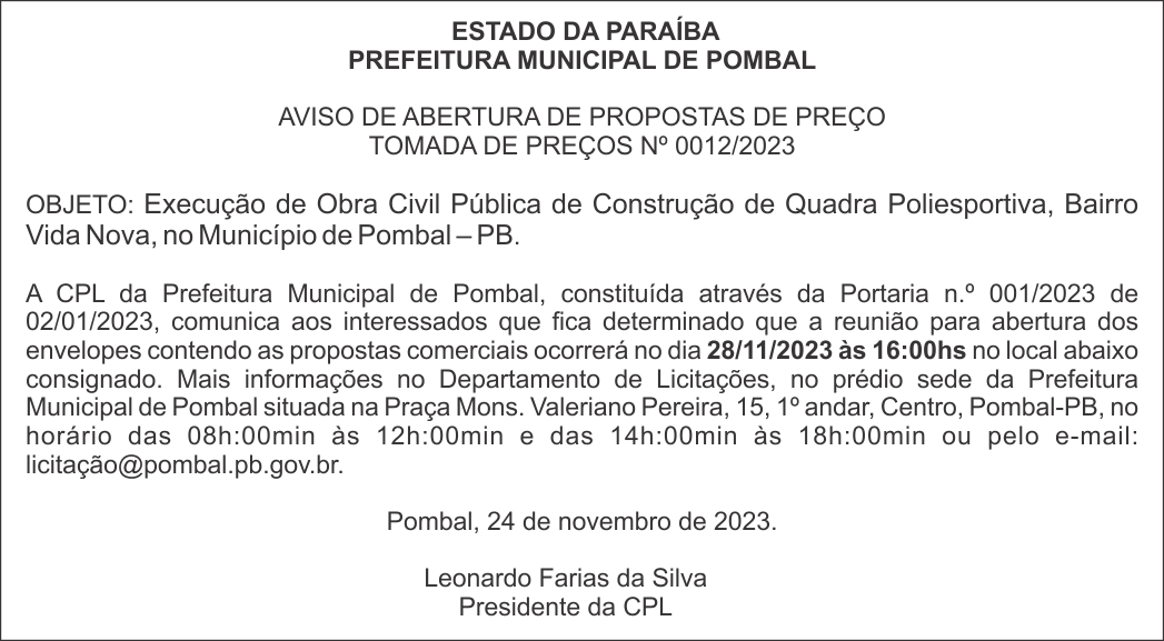 PREFEITURA MUNICIPAL DE POMBAL – AVISO DE ABERTURA DE PROPOSTAS DE PREÇO – TOMADA DE PREÇOS Nº 0012/2023