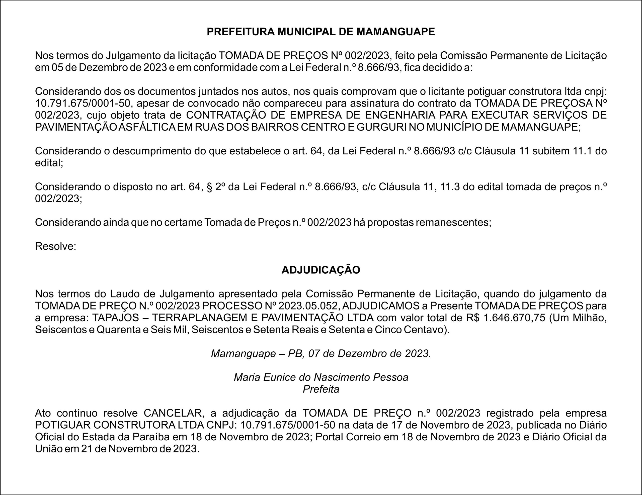 PREFEITURA MUNICIPAL DE MAMANGUAPE – ADJUDICAÇÃO – TOMADA DE PREÇO N.º 002/2023