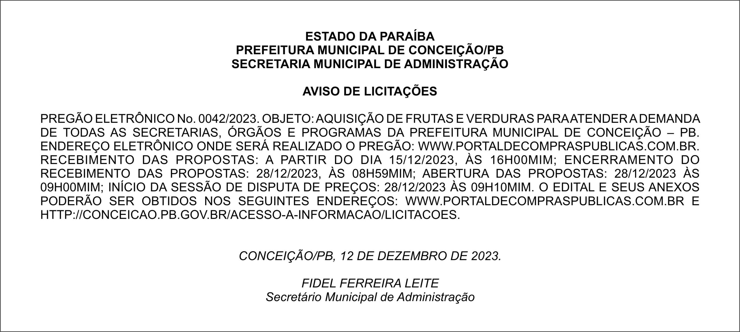 PREFEITURA MUNICIPAL DE CONCEIÇÃO/PB – AVISO DE LICITAÇÕES – PREGÃO ELETRÔNICO No. 0042/2023