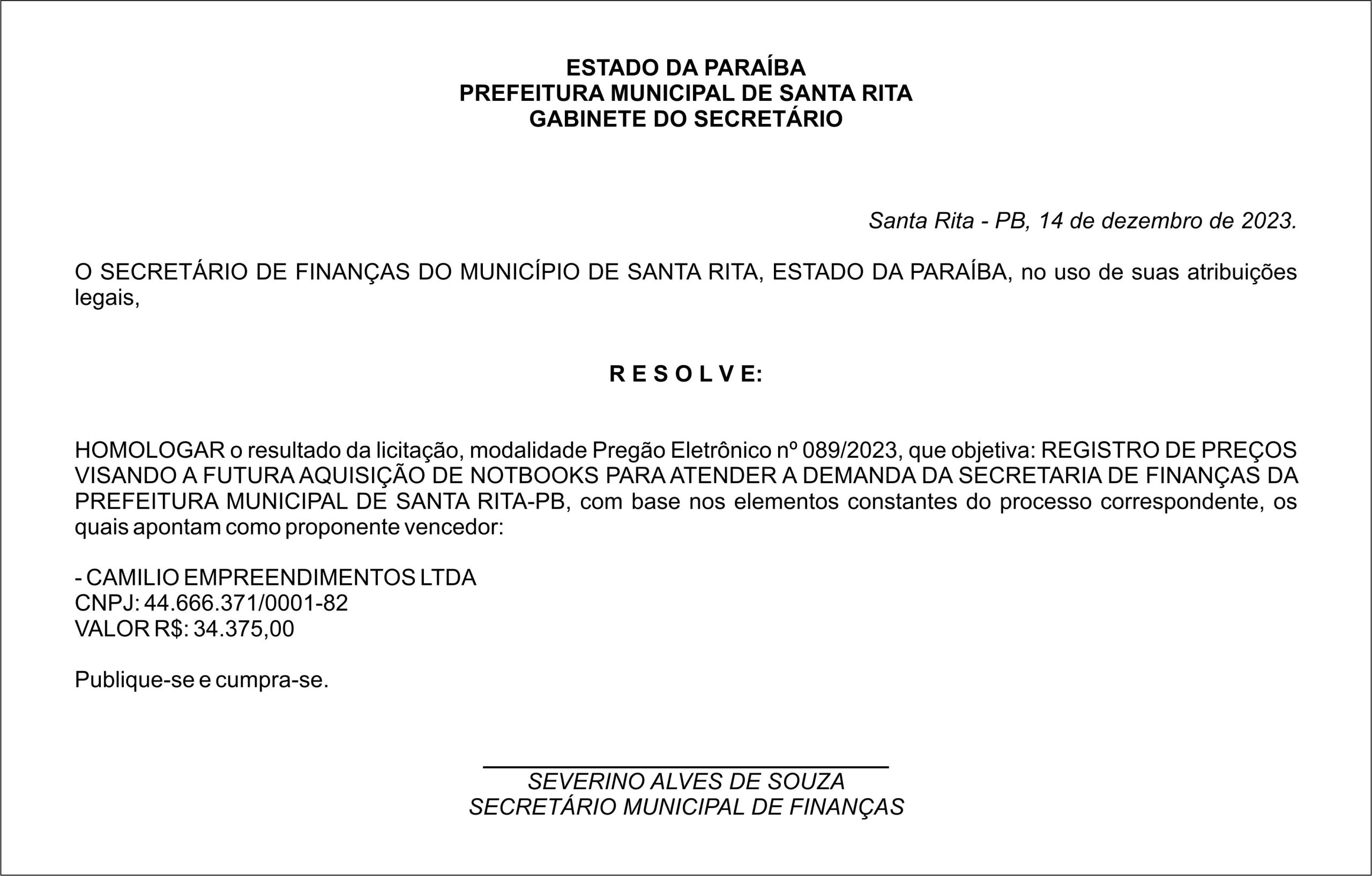 PREFEITURA MUNICIPAL DE SANTA RITA – HOMOLOGAÇÃO – Pregão Eletrônico nº 089/2023