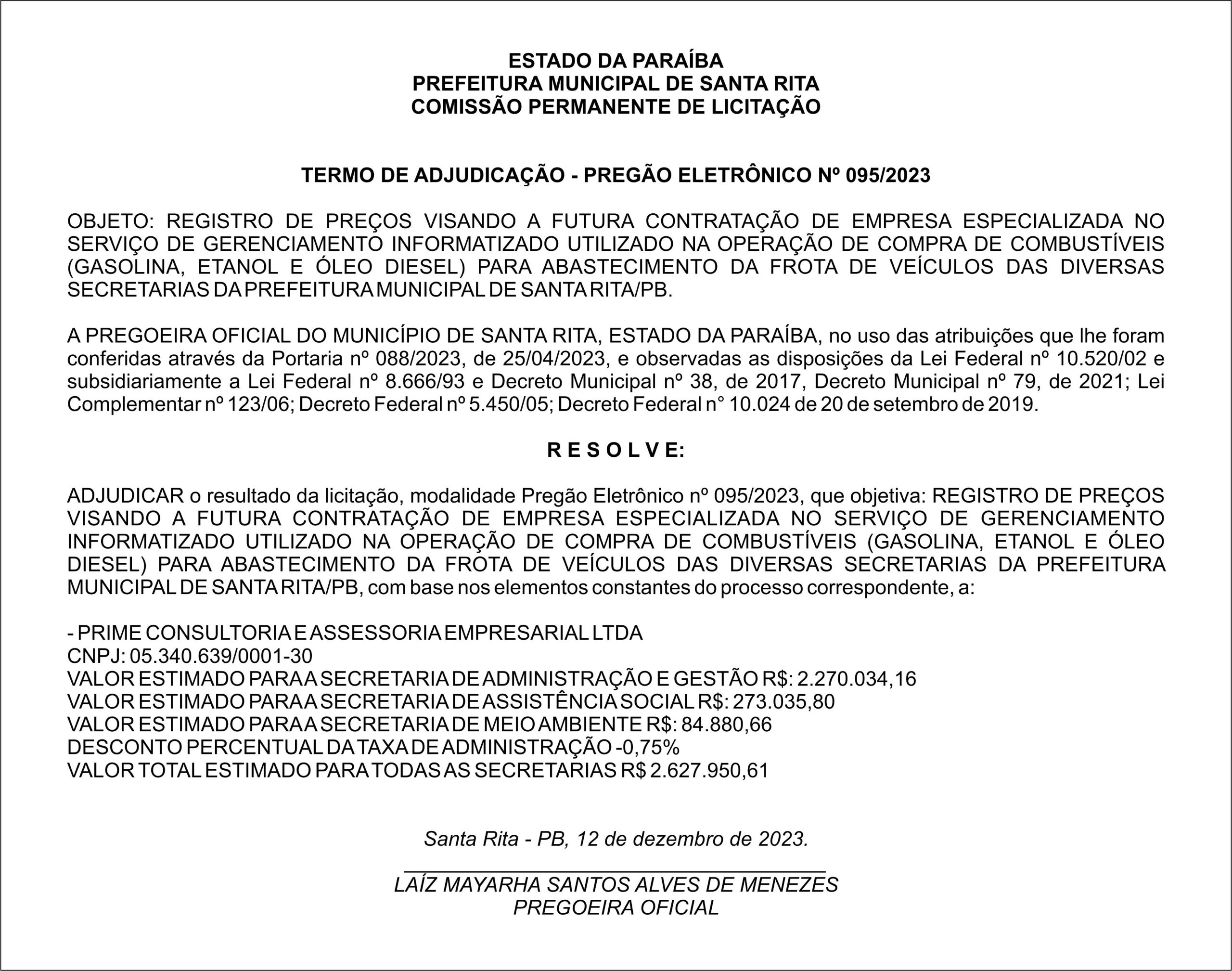 PREFEITURA MUNICIPAL DE SANTA RITA – TERMO DE ADJUDICAÇÃO – PREGÃO ELETRÔNICO Nº 095/2023
