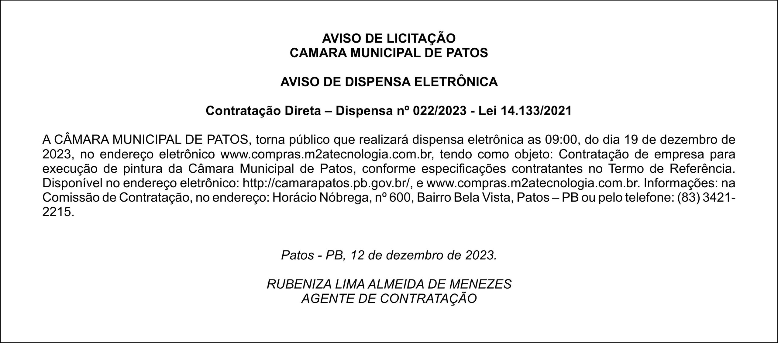 CAMARA MUNICIPAL DE PATOS – AVISO DE DISPENSA ELETRÔNICA – Contratação Direta – Dispensa nº 022/2023