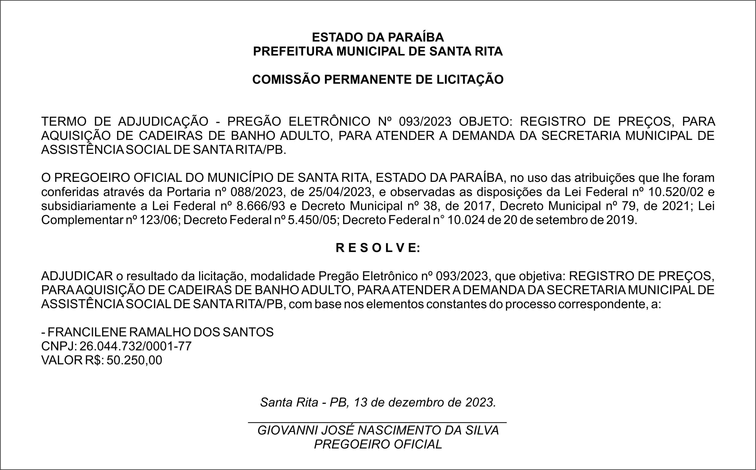 PREFEITURA MUNICIPAL DE SANTA RITA – TERMO DE ADJUDICAÇÃO – PREGÃO ELETRÔNICO Nº 093/2023