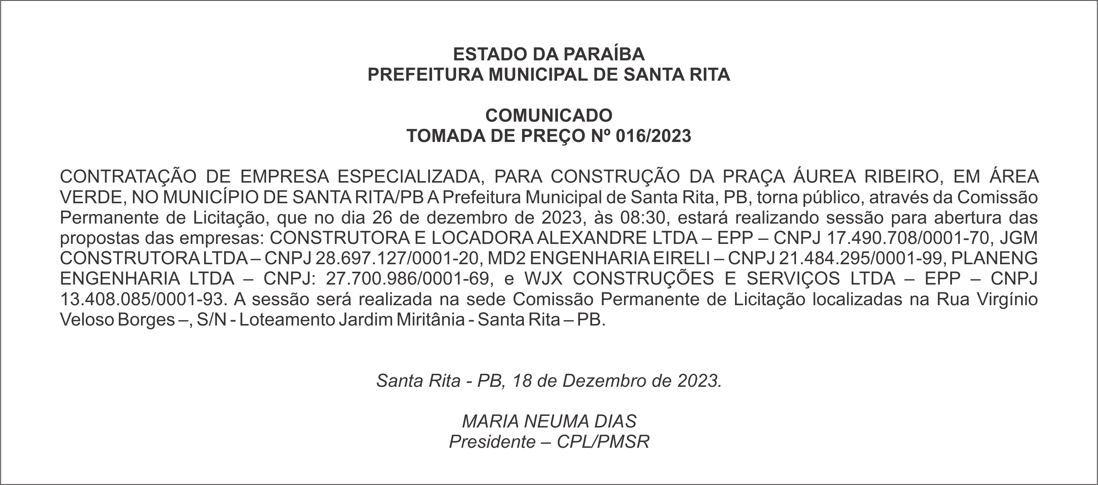 PREFEITURA MUNICIPAL DE SANTA RITA – COMUNICADO – TOMADA DE PREÇO Nº 016/2023
