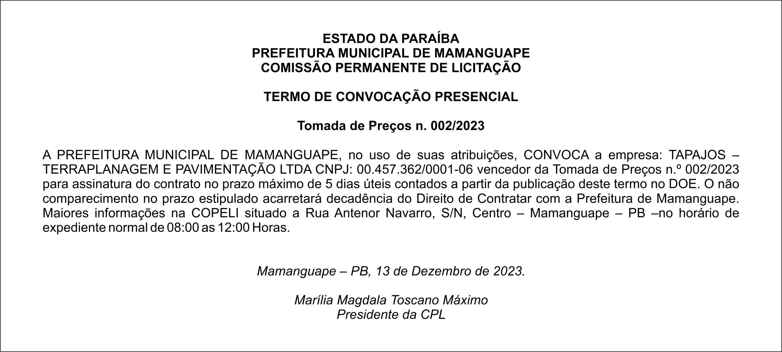 PREFEITURA MUNICIPAL DE MAMANGUAPE – TERMO DE CONVOCAÇÃO PRESENCIAL – Tomada de Preços n. 002/2023