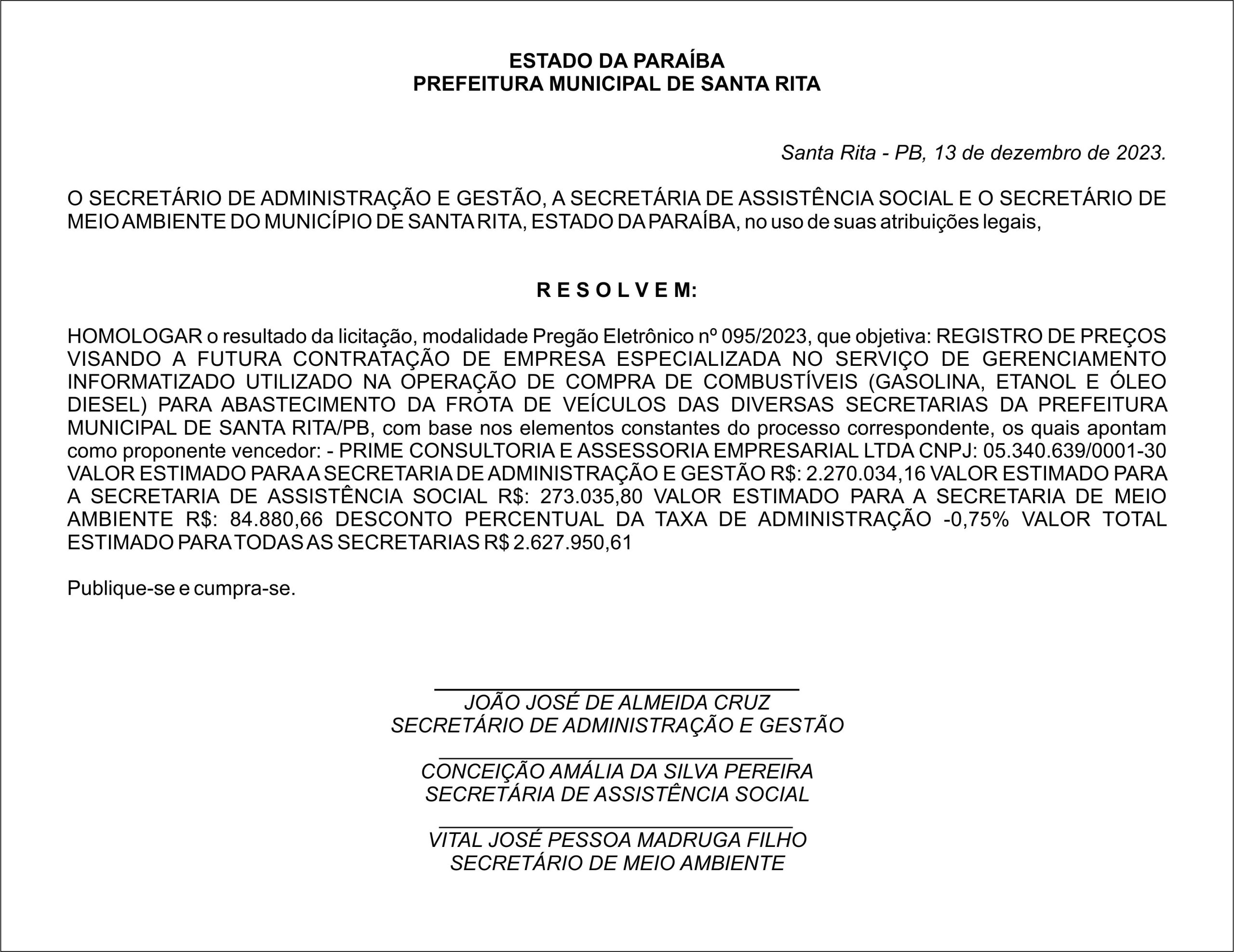 PREFEITURA MUNICIPAL DE SANTA RITA – HOMOLOGAÇÃO – Pregão Eletrônico nº 095/2023