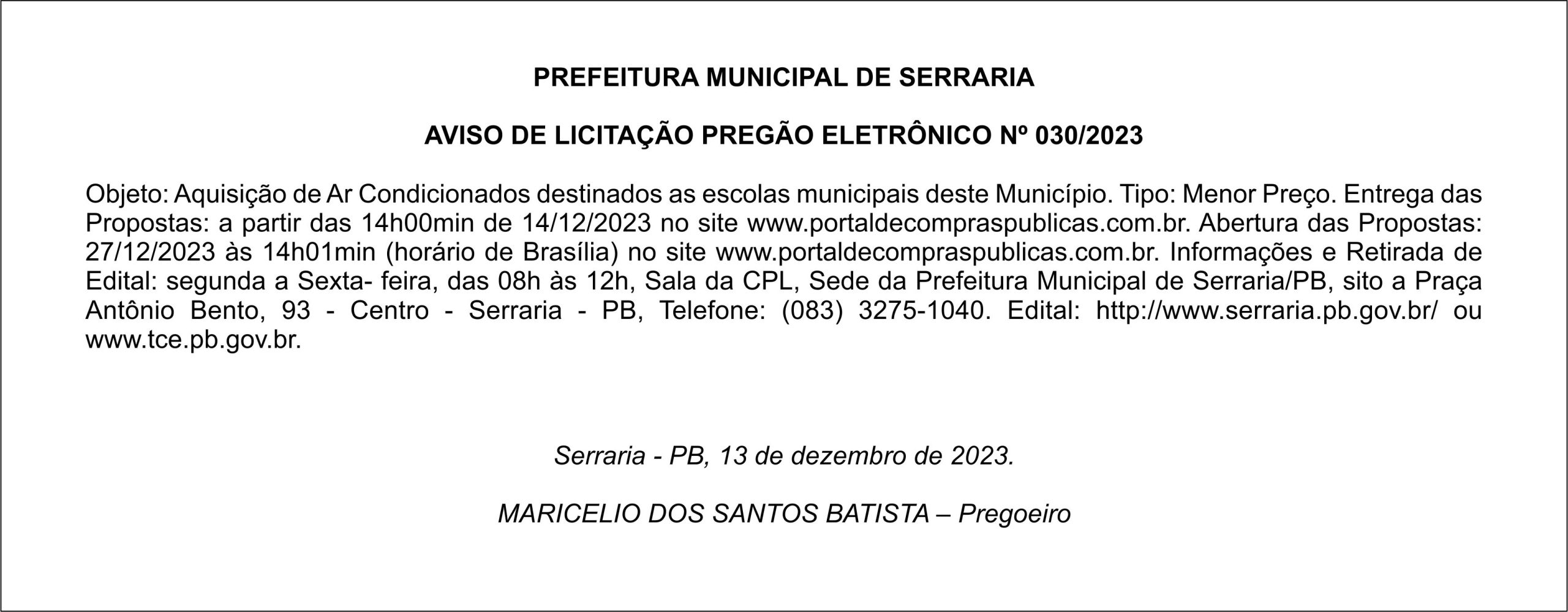 PREFEITURA MUNICIPAL DE SERRARIA – AVISO DE LICITAÇÃO – PREGÃO ELETRÔNICO Nº 030/2023