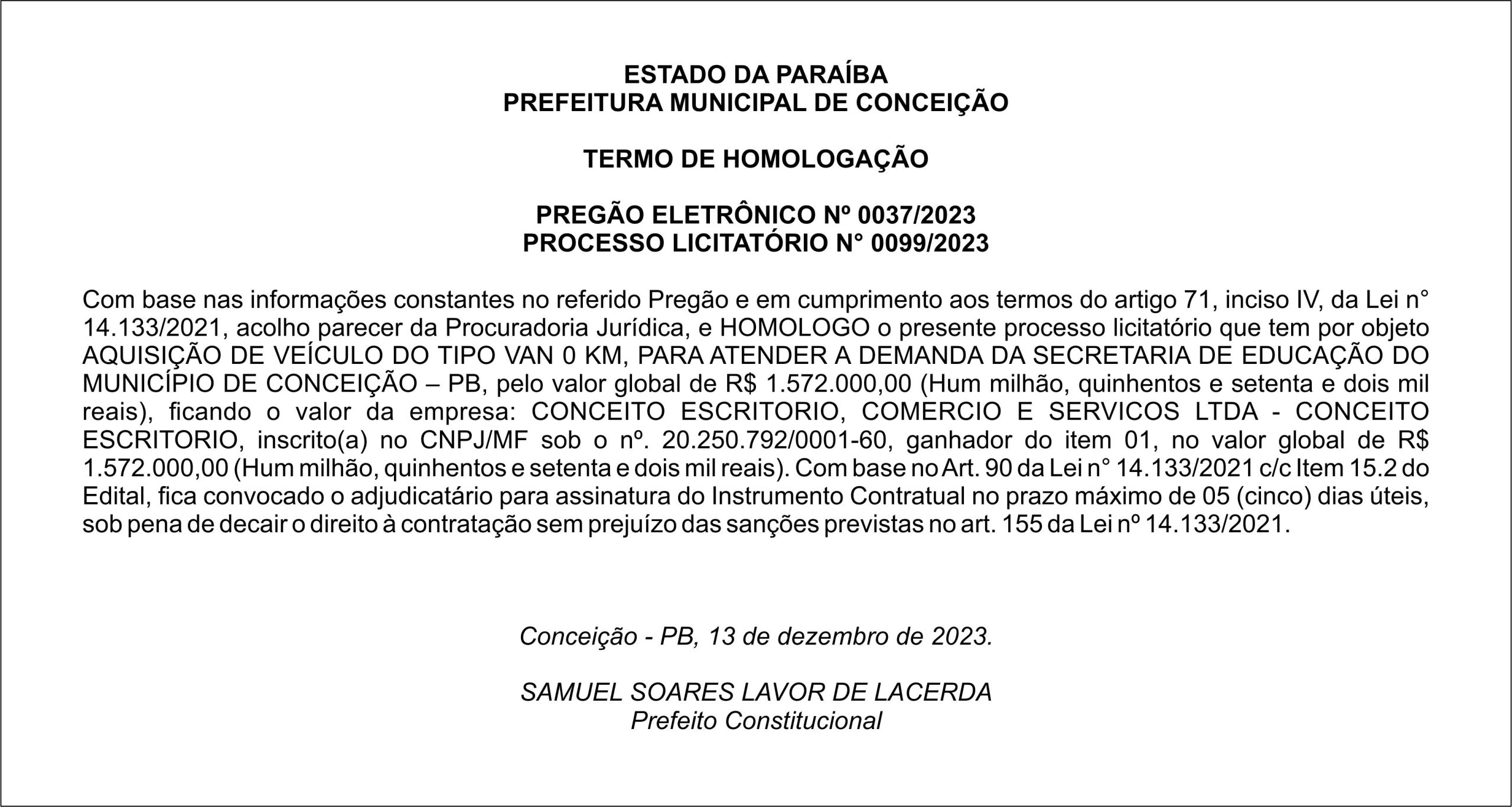 PREFEITURA MUNICIPAL DE CONCEIÇÃO – TERMO DE HOMOLOGAÇÃO – PREGÃO ELETRÔNICO Nº 0037/2023