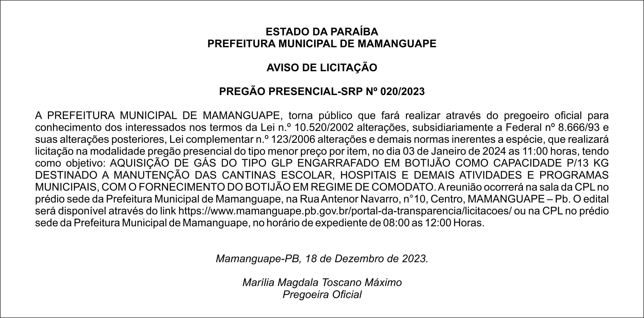 PREFEITURA MUNICIPAL DE MAMANGUAPE – AVISO DE LICITAÇÃO – PREGÃO PRESENCIAL-SRP Nº 020/2023