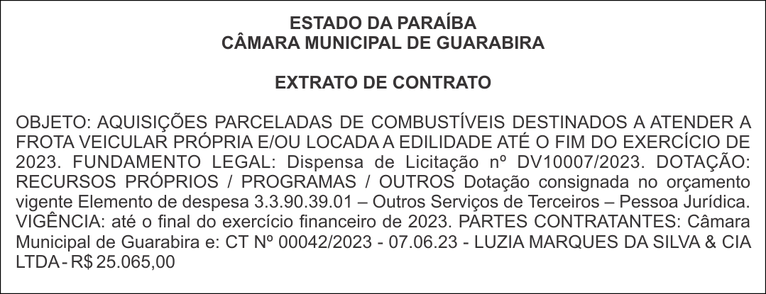 CÂMARA MUNICIPAL DE GUARABIRA – EXTRATO DE CONTRATO