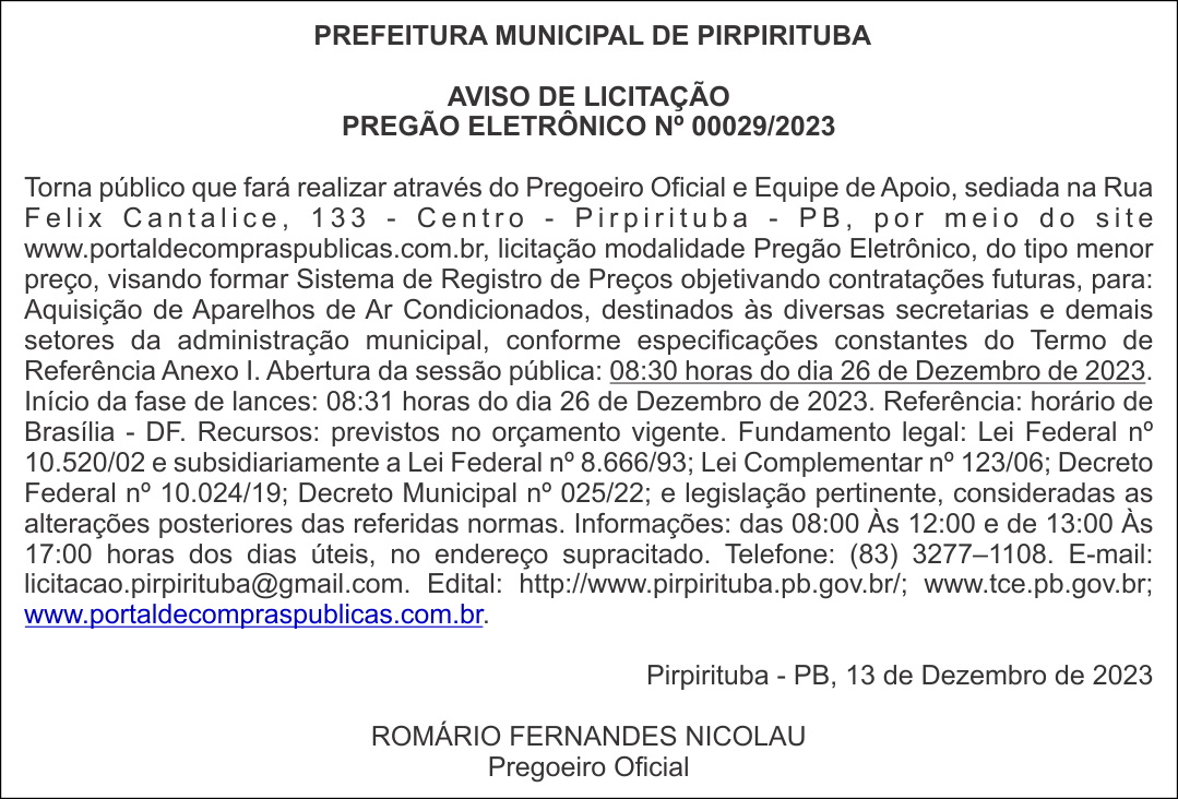 PREFEITURA MUNICIPAL DE PIRPIRITUBA – AVISO DE LICITAÇÃO – PREGÃO ELETRÔNICO Nº 00029/2023