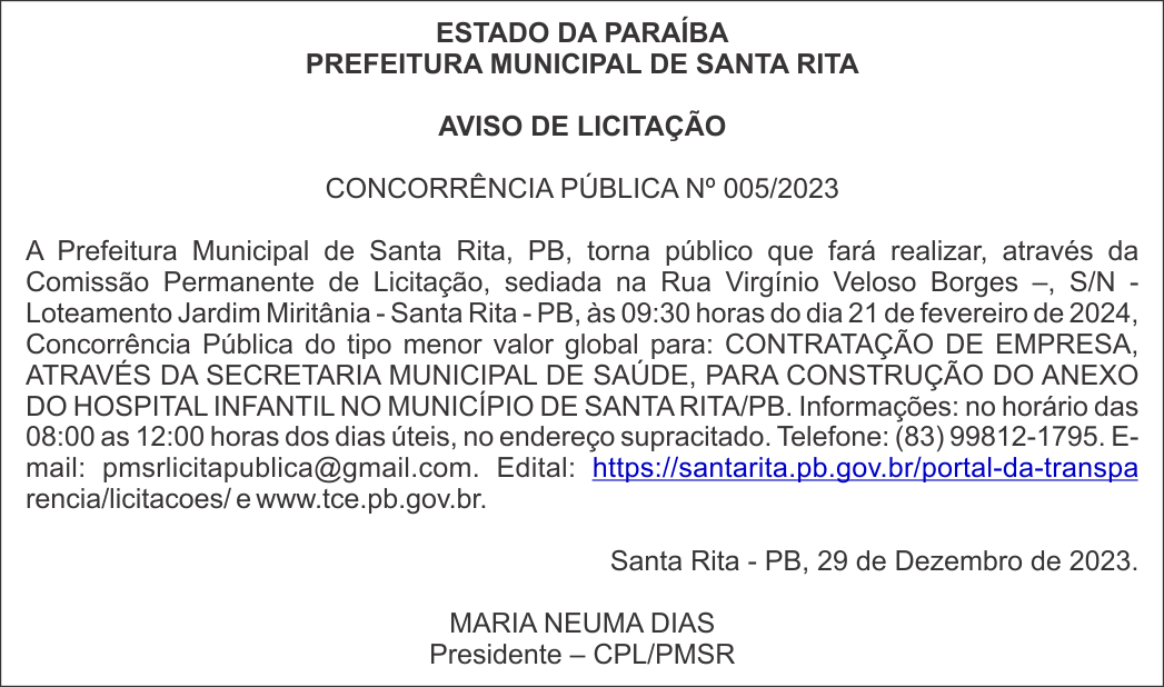 PREFEITURA MUNICIPAL DE SANTA RITA – AVISO DE LICITAÇÃO – CONCORRÊNCIA PÚBLICA Nº 005/2023