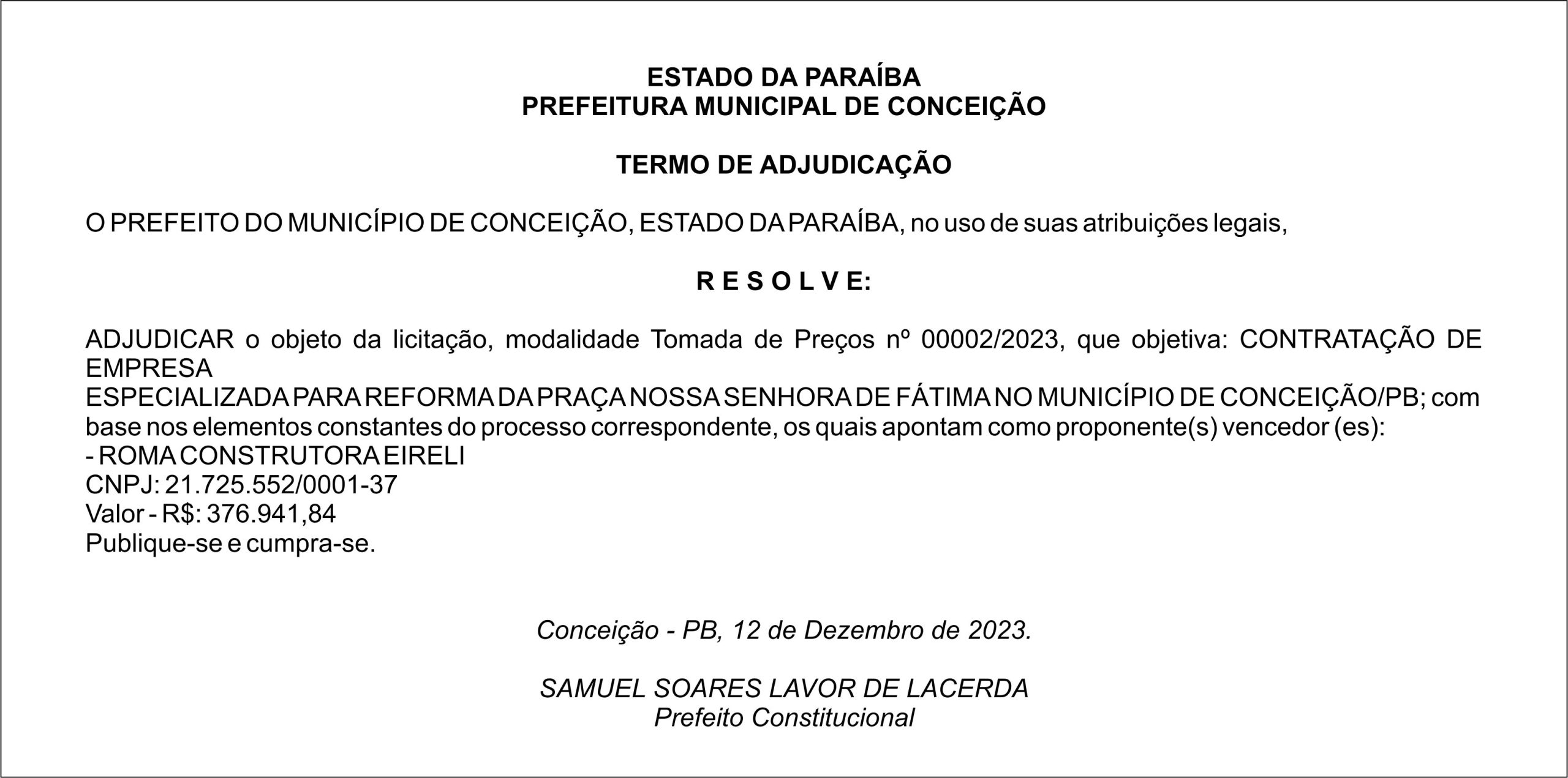 PREFEITURA MUNICIPAL DE CONCEIÇÃO – TERMO DE ADJUDICAÇÃO – Tomada de Preços nº 00002/2023