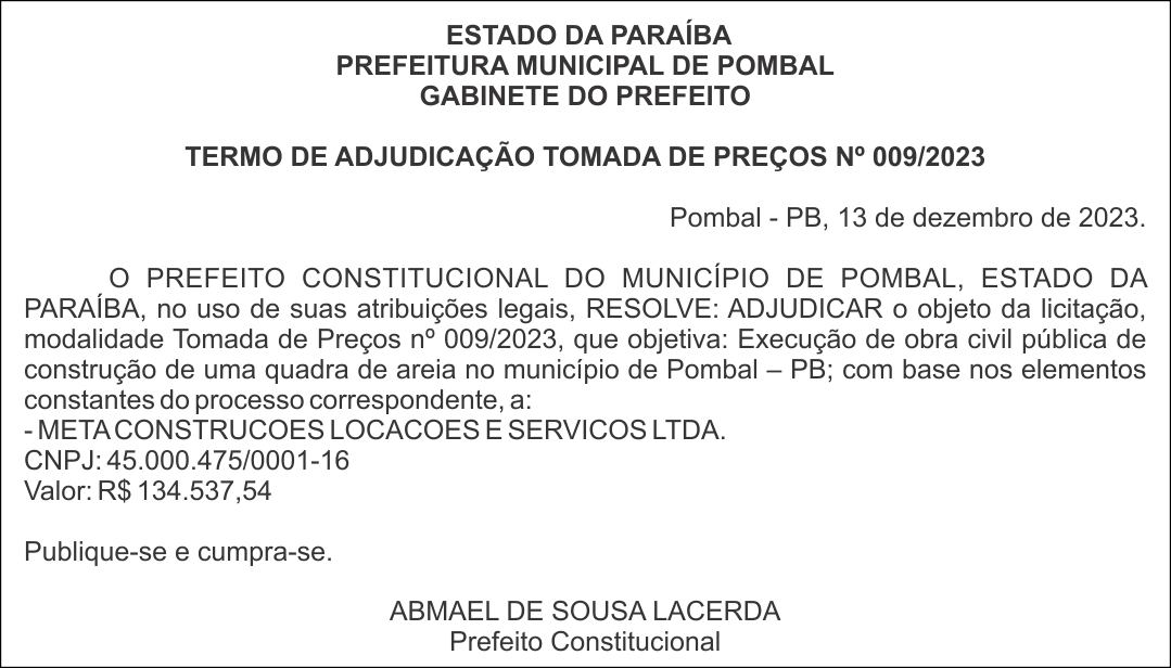 PREFEITURA MUNICIPAL DE POMBAL – TERMO DE ADJUDICAÇÃO – TOMADA DE PREÇOS Nº 009/2023