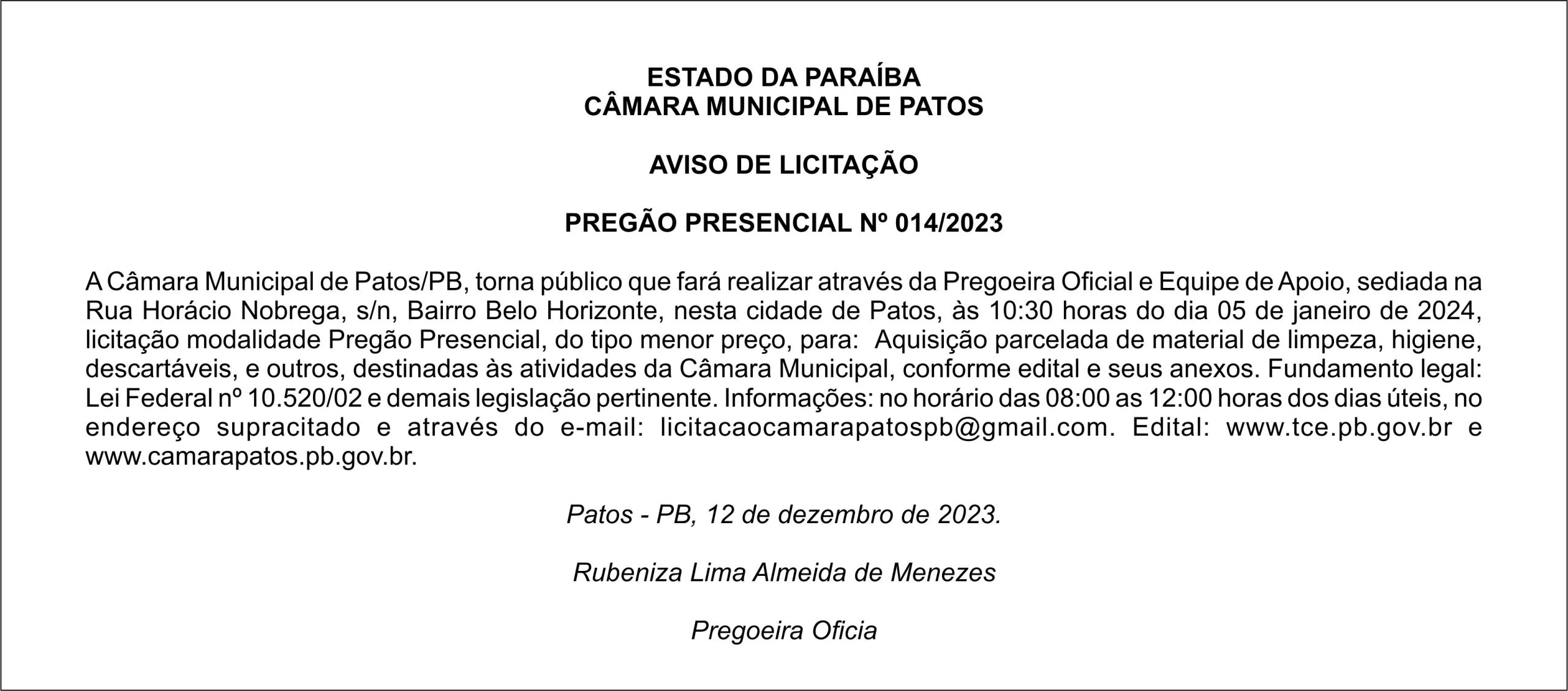 CÂMARA MUNICIPAL DE PATOS – AVISO DE LICITAÇÃO – PREGÃO PRESENCIAL Nº 014/2023