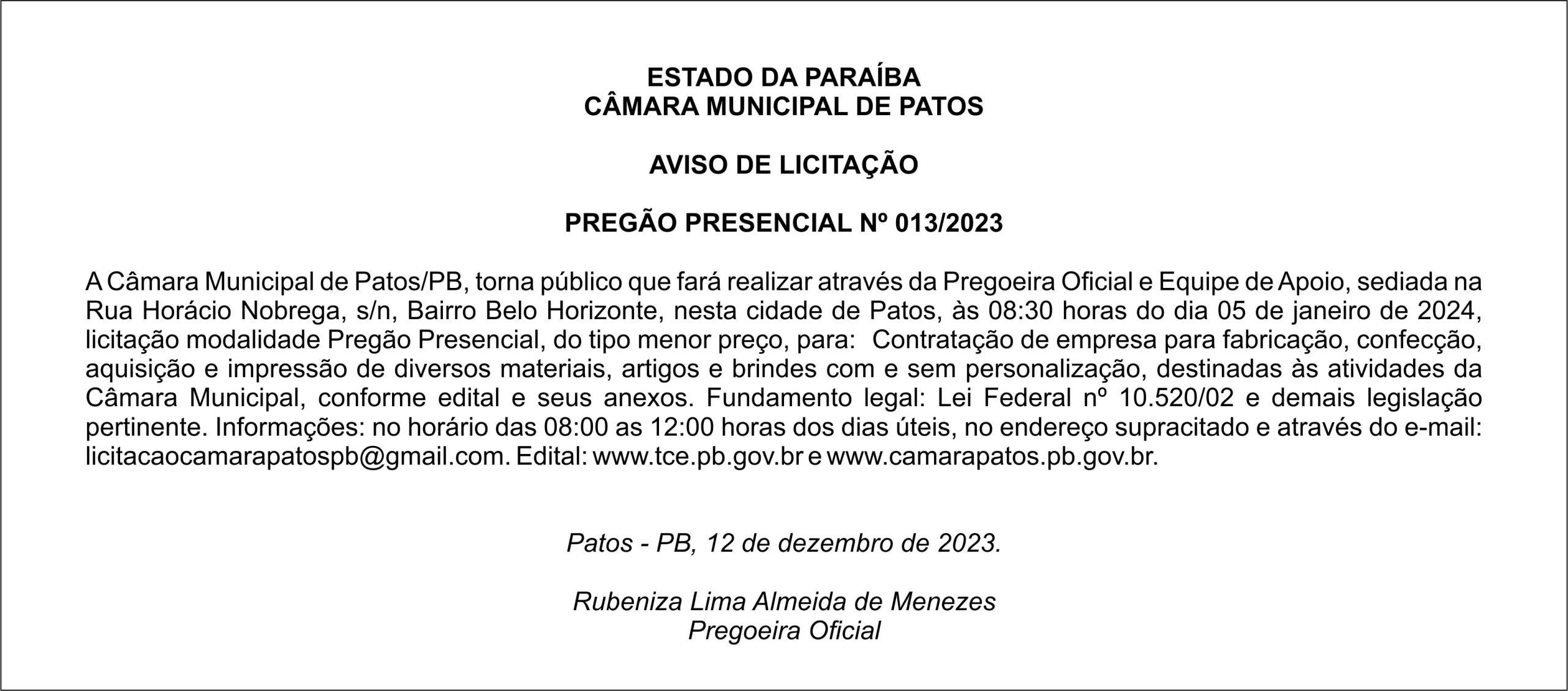 CÂMARA MUNICIPAL DE PATOS – AVISO DE LICITAÇÃO – PREGÃO PRESENCIAL Nº 013/2023