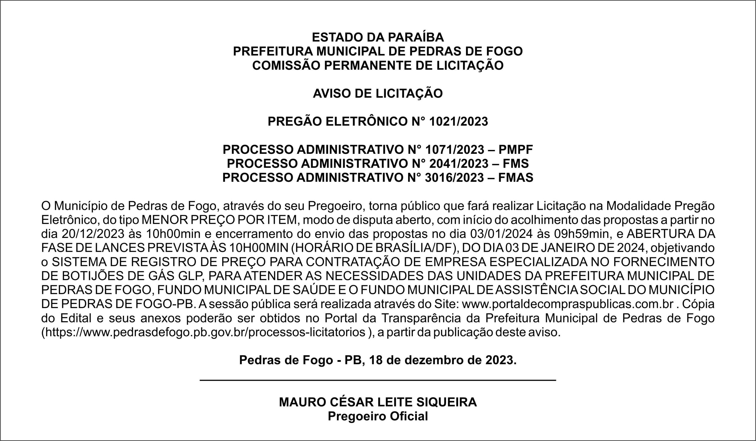 PREFEITURA MUNICIPAL DE PEDRAS DE FOGO – AVISO DE LICITAÇÃO – PREGÃO ELETRÔNICO N° 1021/2023
