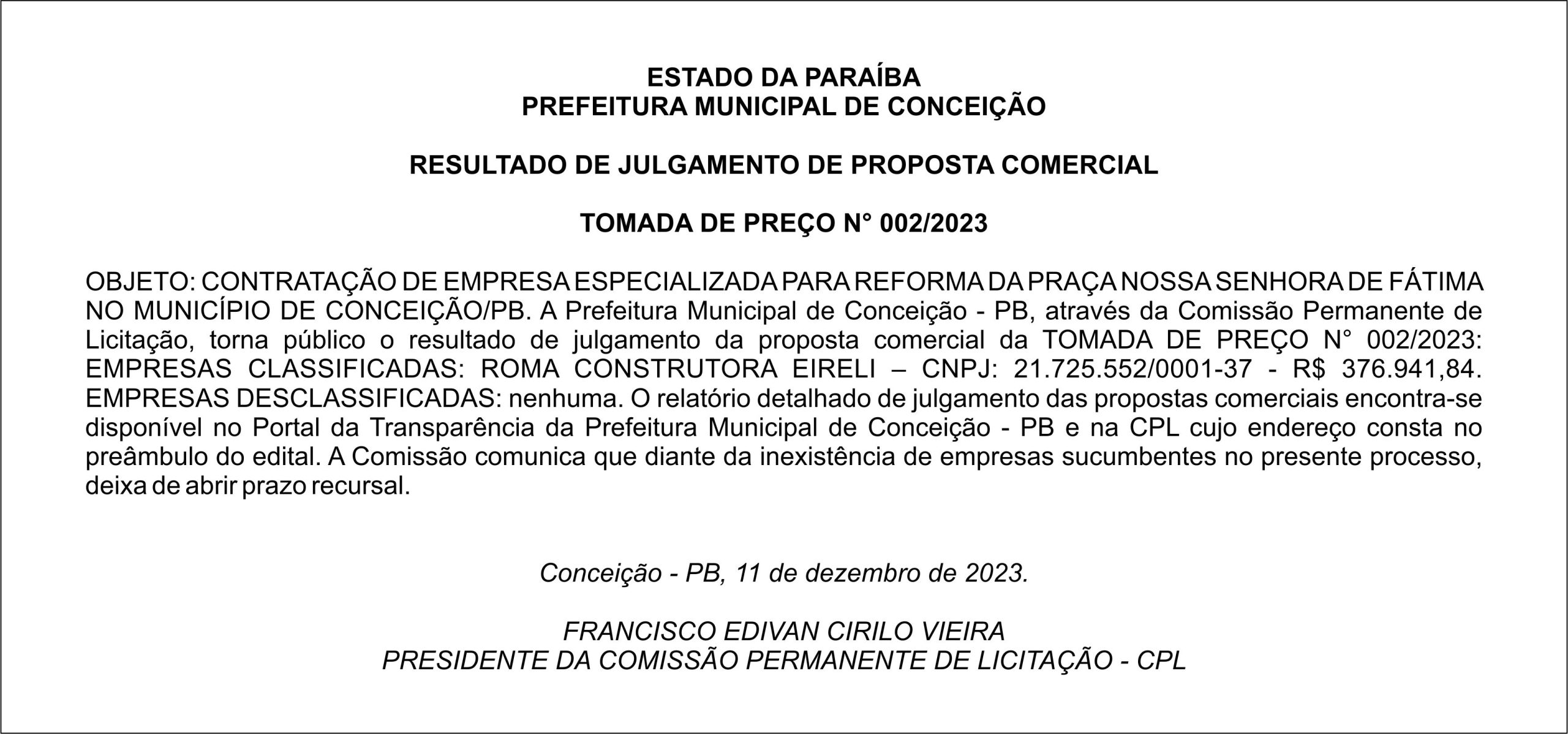 PREFEITURA MUNICIPAL DE CONCEIÇÃO – RESULTADO DE JULGAMENTO DE PROPOSTA – TOMADA DE PREÇO N° 002/2023