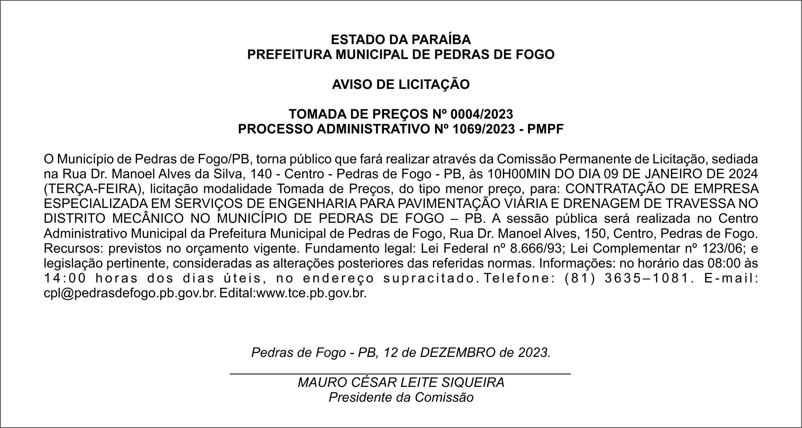 PREFEITURA MUNICIPAL DE PEDRAS DE FOGO – AVISO DE LICITAÇÃO – TOMADA DE PREÇOS Nº 0004/2023