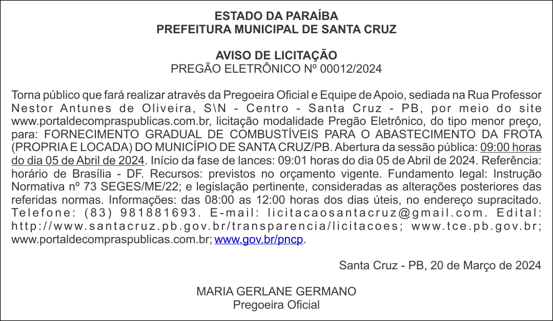 PREFEITURA MUNICIPAL DE SANTA CRUZ  – AVISO DE LICITAÇÃO – PREGÃO ELETRÔNICO Nº 00012/2024