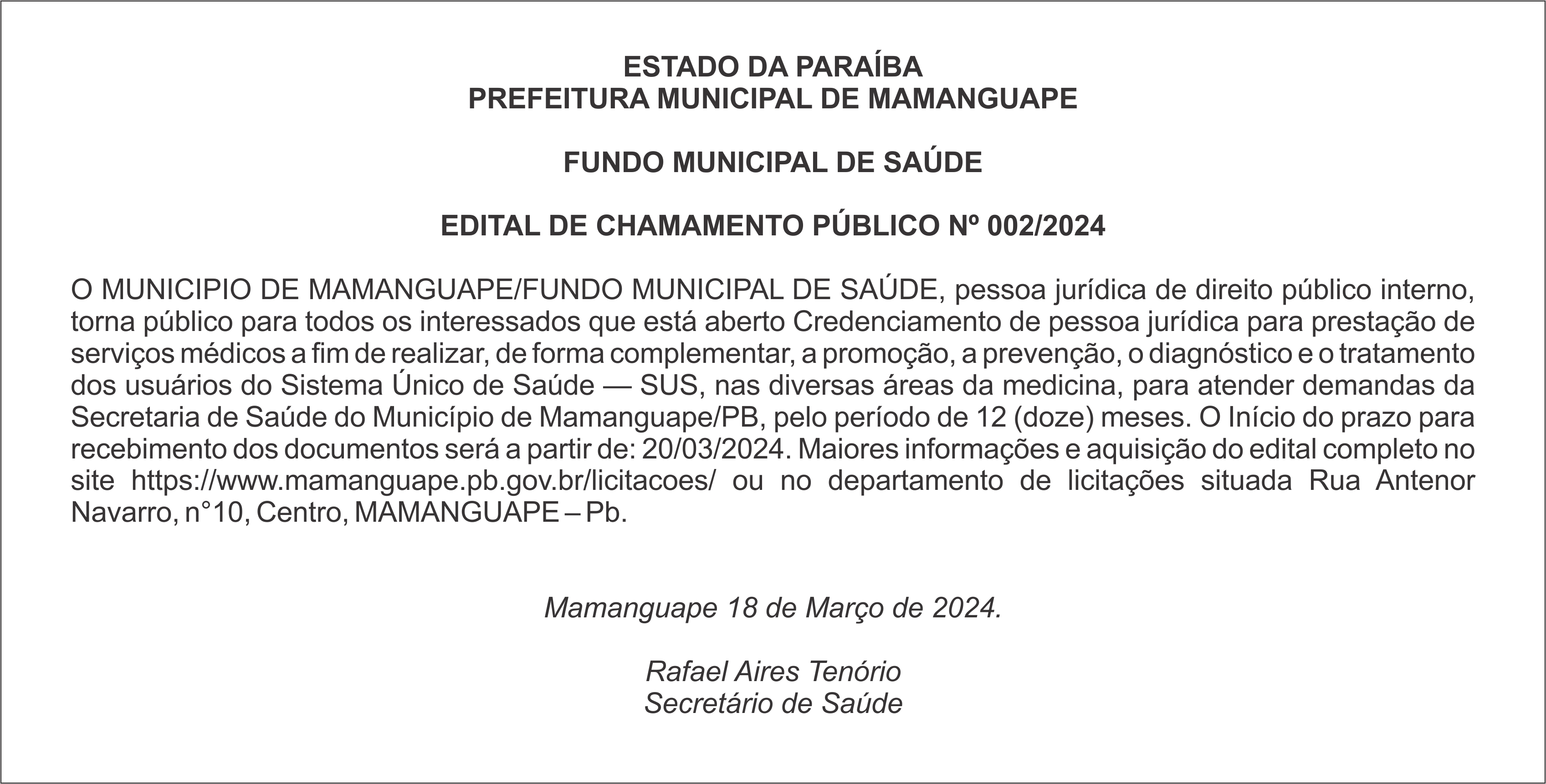PREFEITURA MUNICIPAL DE MAMANGUAPE – EDITAL DE CHAMAMENTO PÚBLICO Nº 002/2024