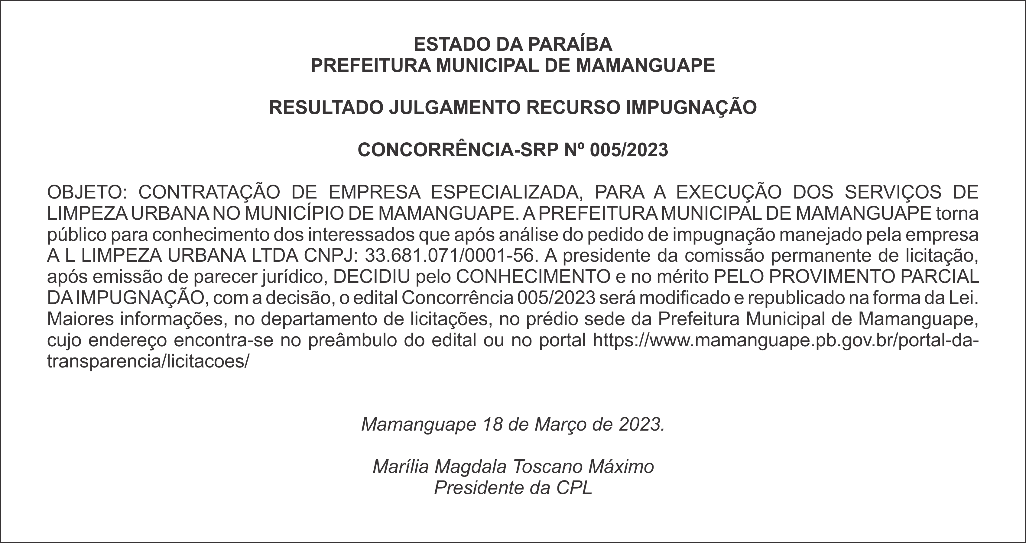 PREFEITURA MUNICIPAL DE MAMANGUAPE – RESULTADO JULGAMENTO RECURSO IMPUGNAÇÃO  – CONCORRÊNCIA-SRP Nº 005/2023