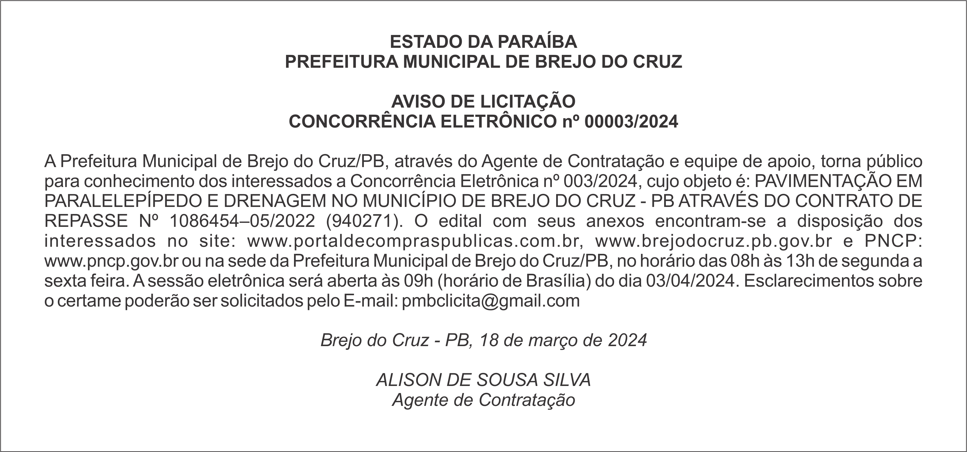 PREFEITURA MUNICIPAL DE BREJO DO CRUZ – AVISO DE LICITAÇÃO – CONCORRÊNCIA ELETRÔNICO nº 00003/2024