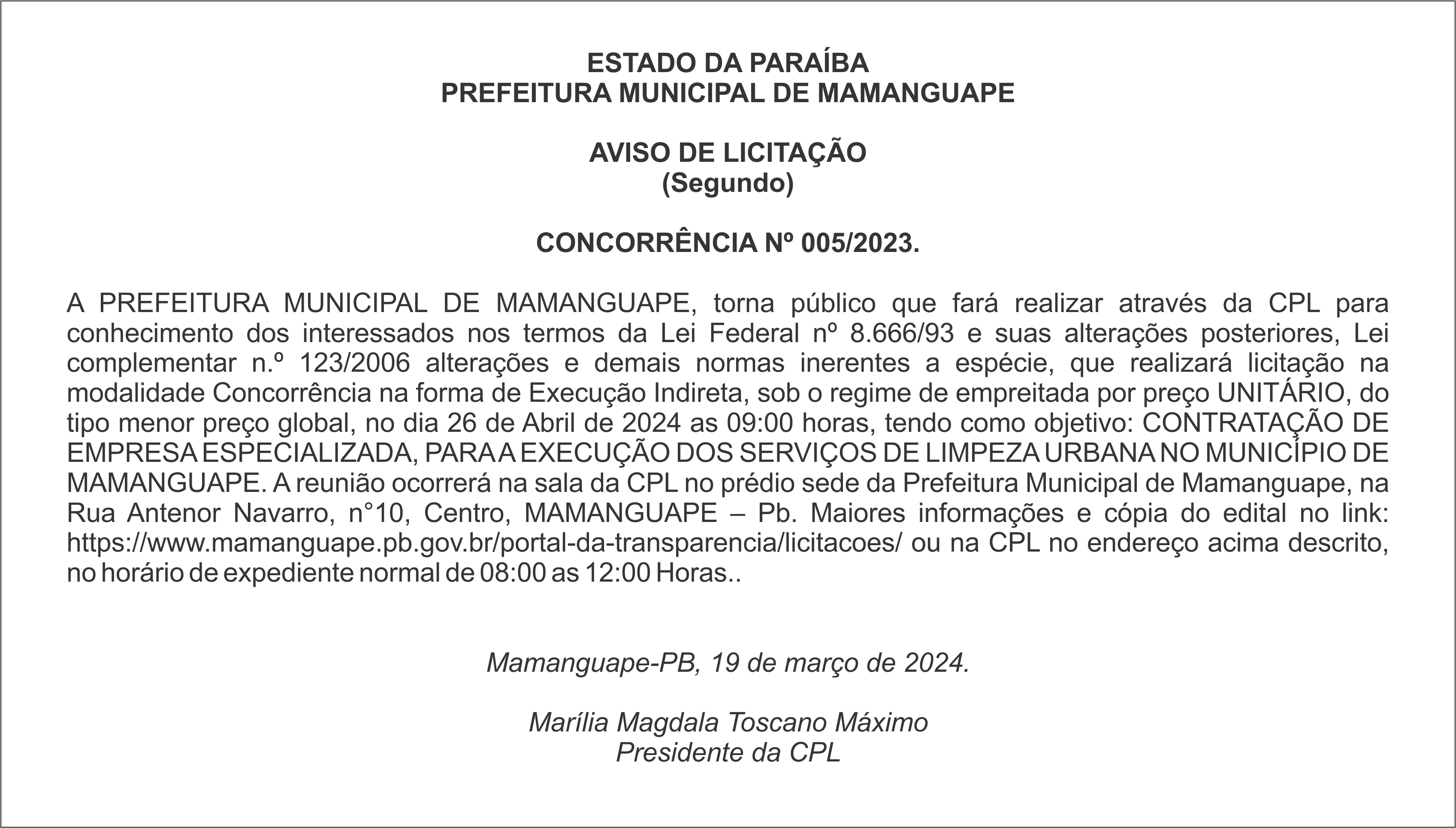 PREFEITURA MUNICIPAL DE MAMANGUAPE – AVISO DE LICITAÇÃO (Segundo) – CONCORRÊNCIA Nº 005/2023.