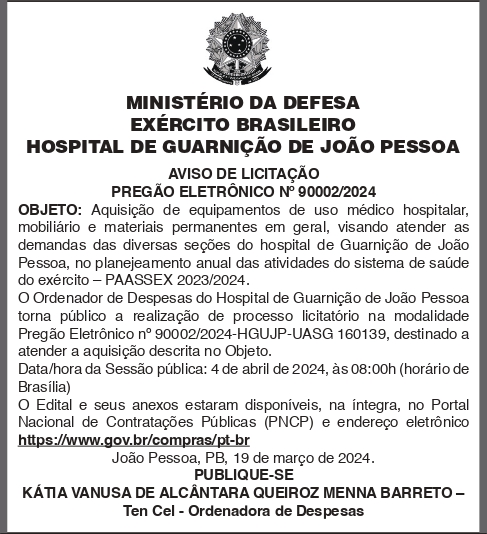 HOSPITAL DE GUARNIÇÃO DE JOAO PESSOA – Pregão Eletrônico N° 90002-2024