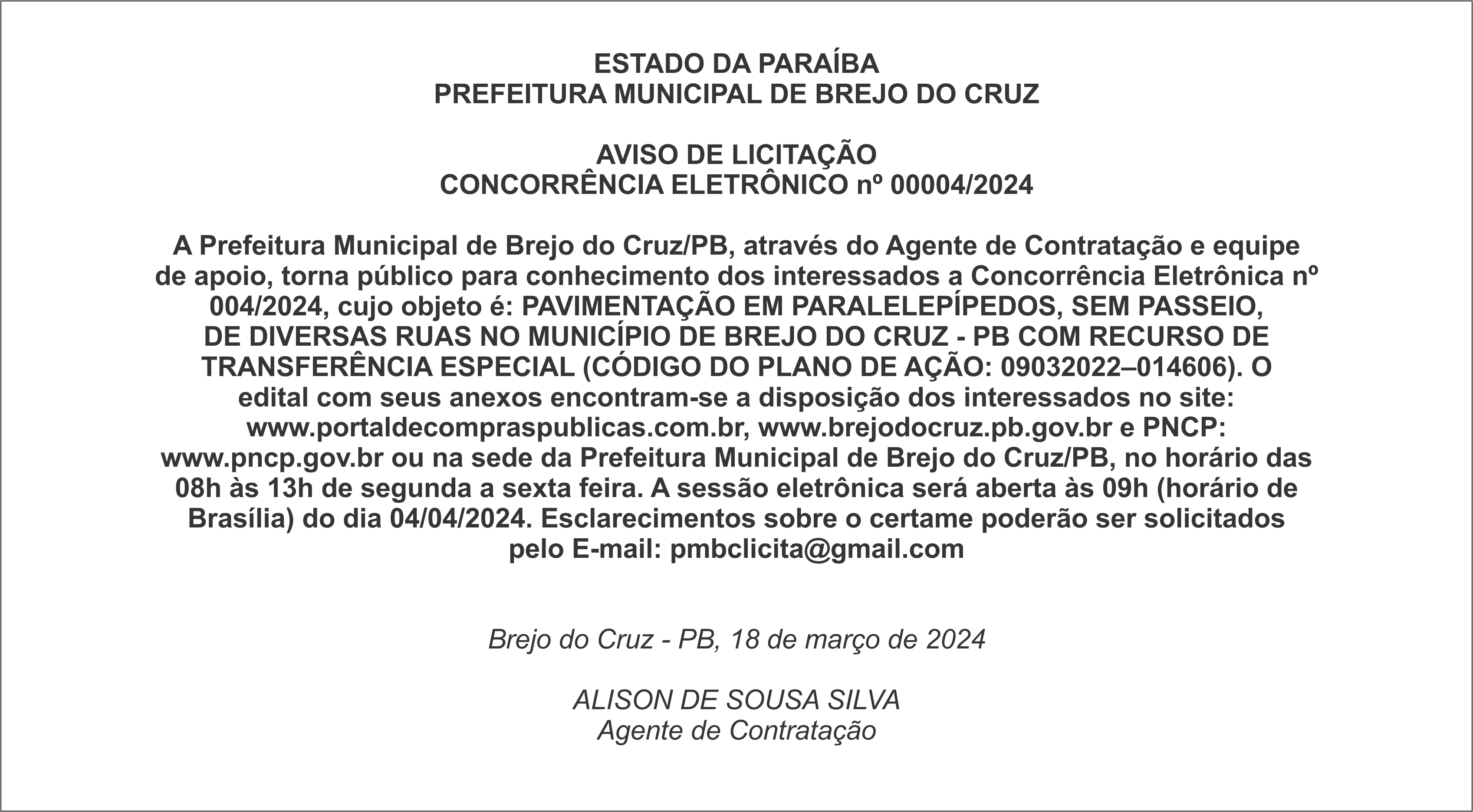 PREFEITURA MUNICIPAL DE BREJO DO CRUZ  – AVISO DE LICITAÇÃO –  CONCORRÊNCIA ELETRÔNICO nº 00004/2024