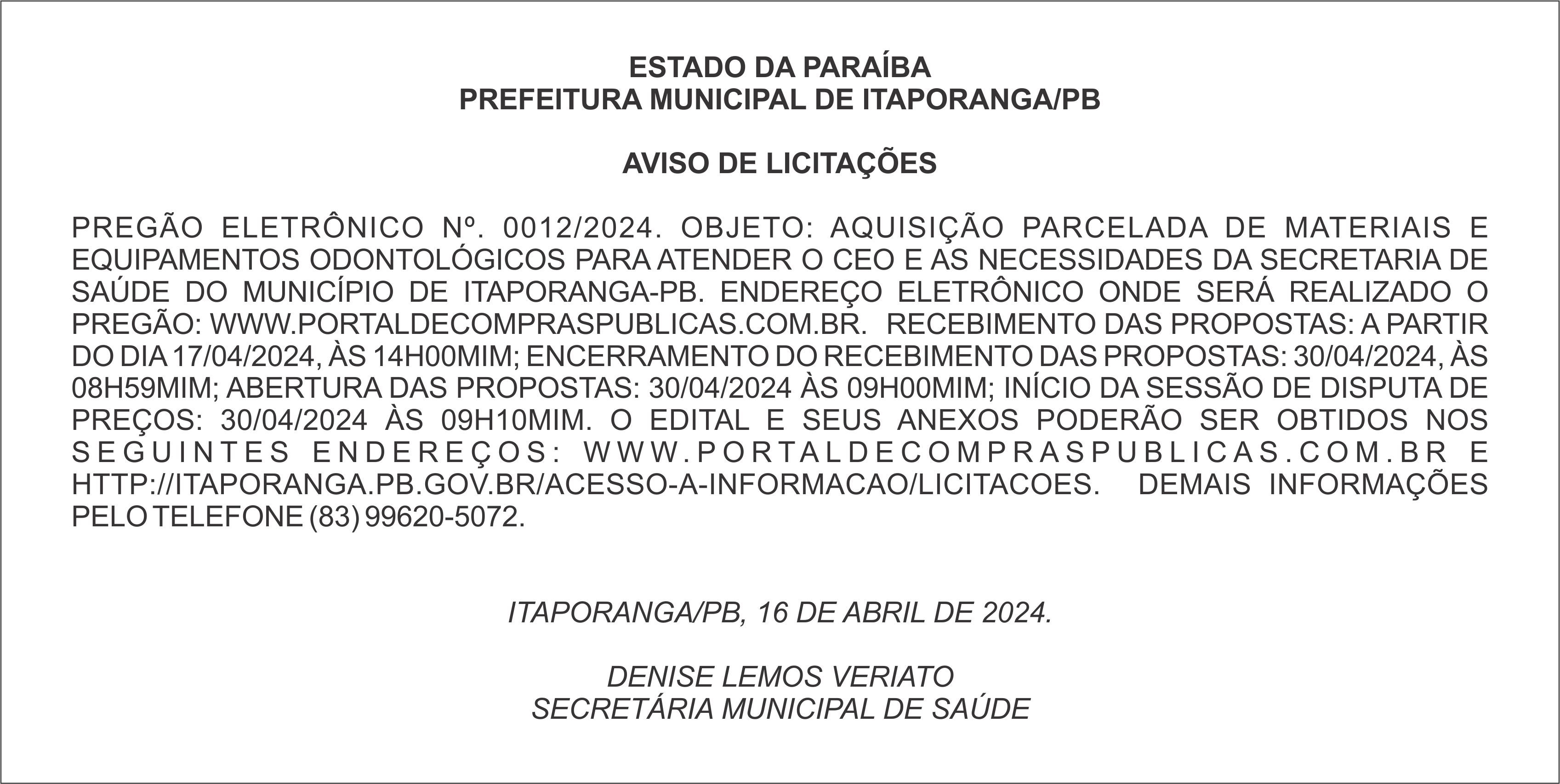 PREFEITURA MUNICIPAL DE ITAPORANGA/PB – AVISO DE LICITAÇÕES – PREGÃO ELETRÔNICO Nº. 0012/2024