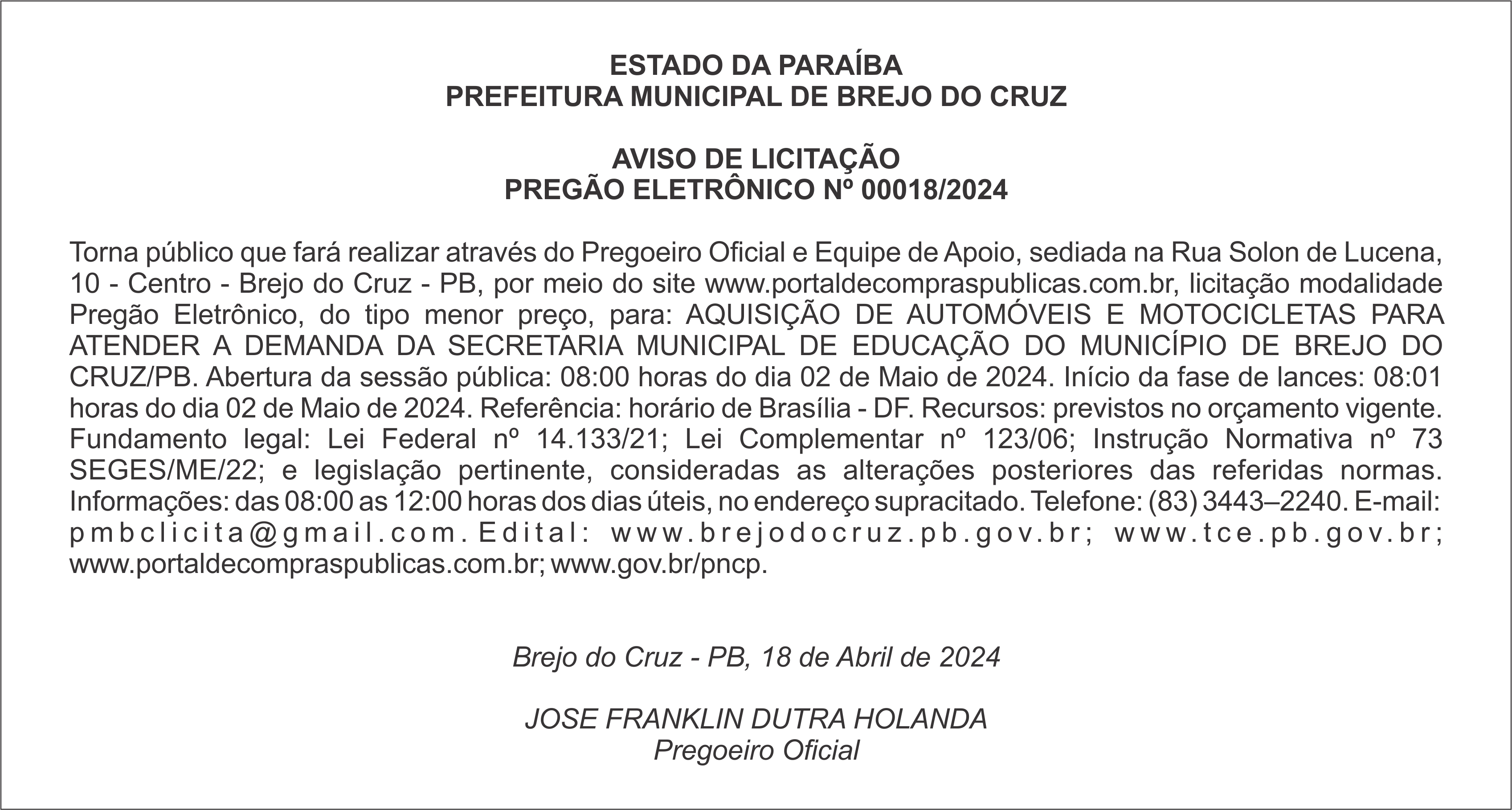 PREFEITURA MUNICIPAL DE BREJO DO CRUZ – AVISO DE LICITAÇÃO – PREGÃO ELETRÔNICO Nº 00018/2024