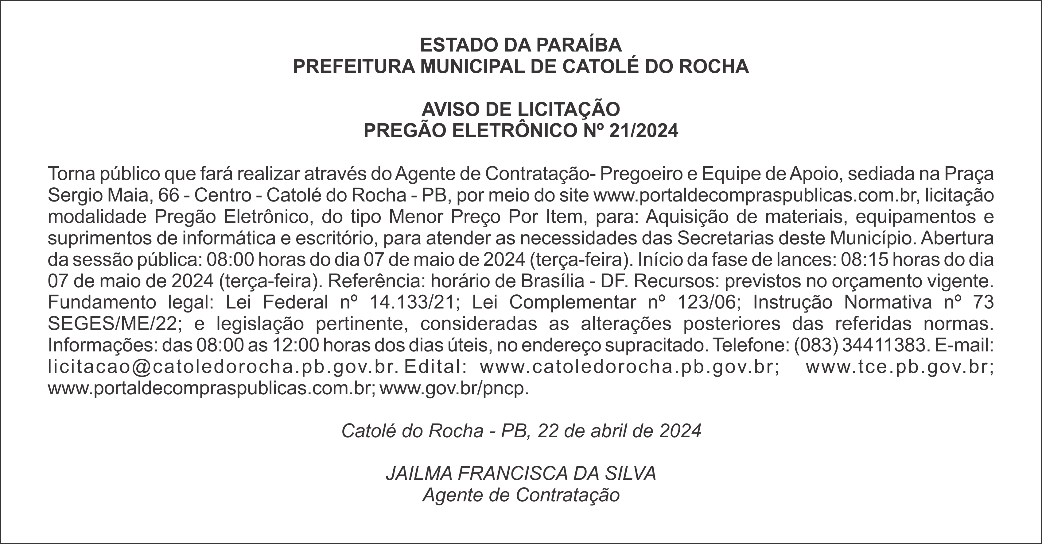 PREFEITURA MUNICIPAL DE CATOLÉ DO ROCHA – AVISO DE LICITAÇÃO – PREGÃO ELETRÔNICO Nº 21/2024