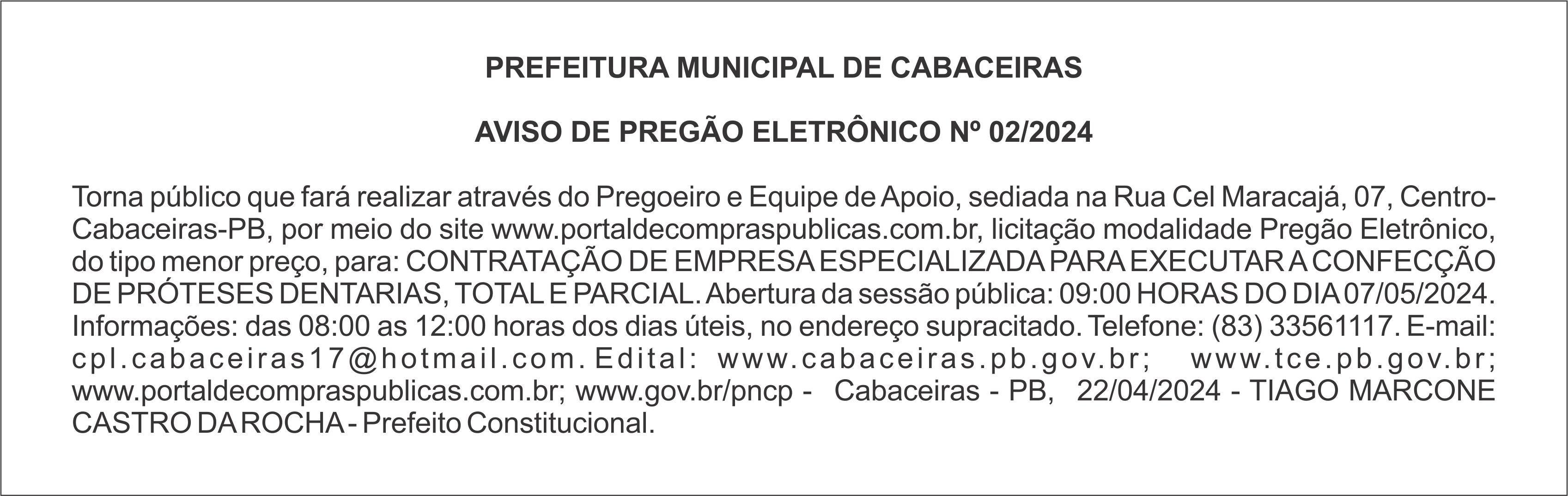 PREFEITURA MUNICIPAL DE CABACEIRAS – AVISO DE PREGÃO ELETRÔNICO Nº 02/2024