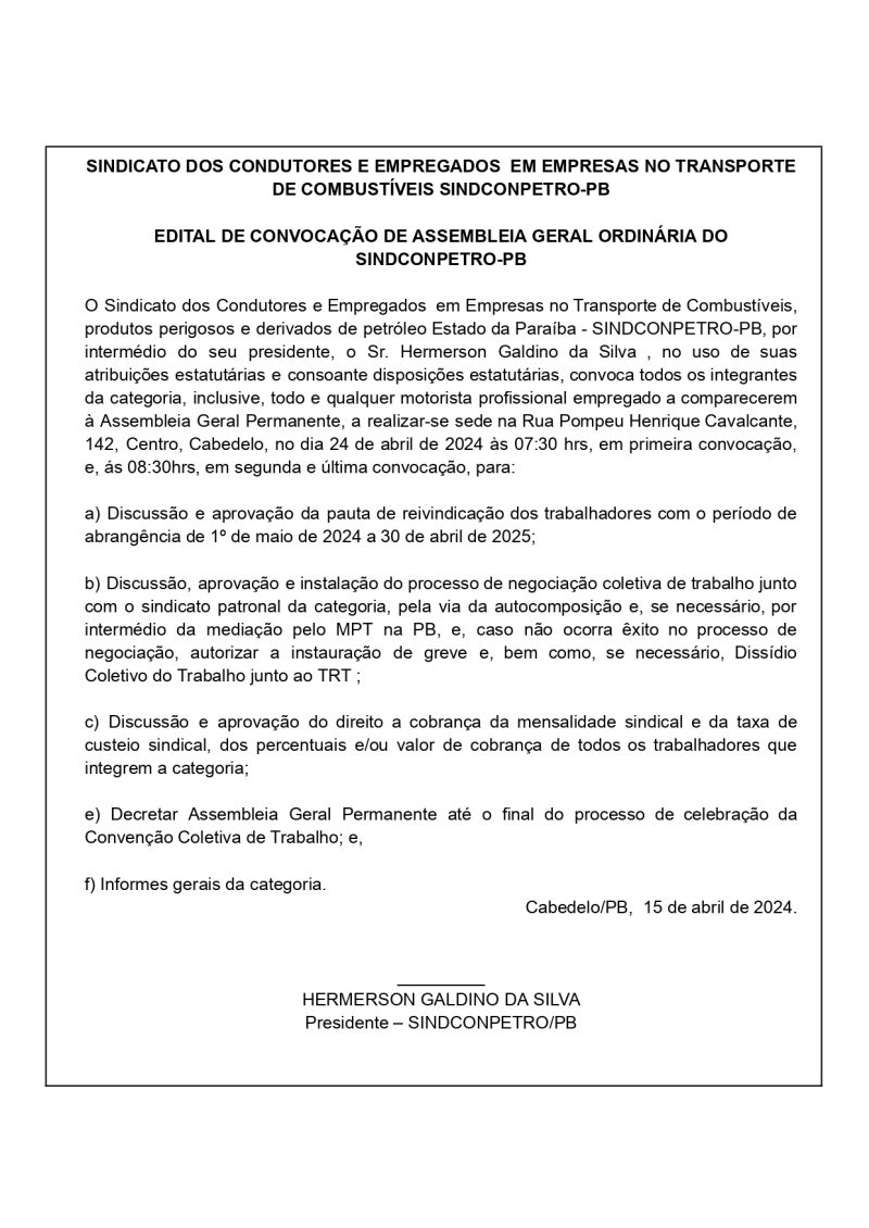 SINDCONPETRO-PB – EDITAL DE CONVOCAÇÃO DE ASSEMBLEIA GERAL ORDINÁRIA