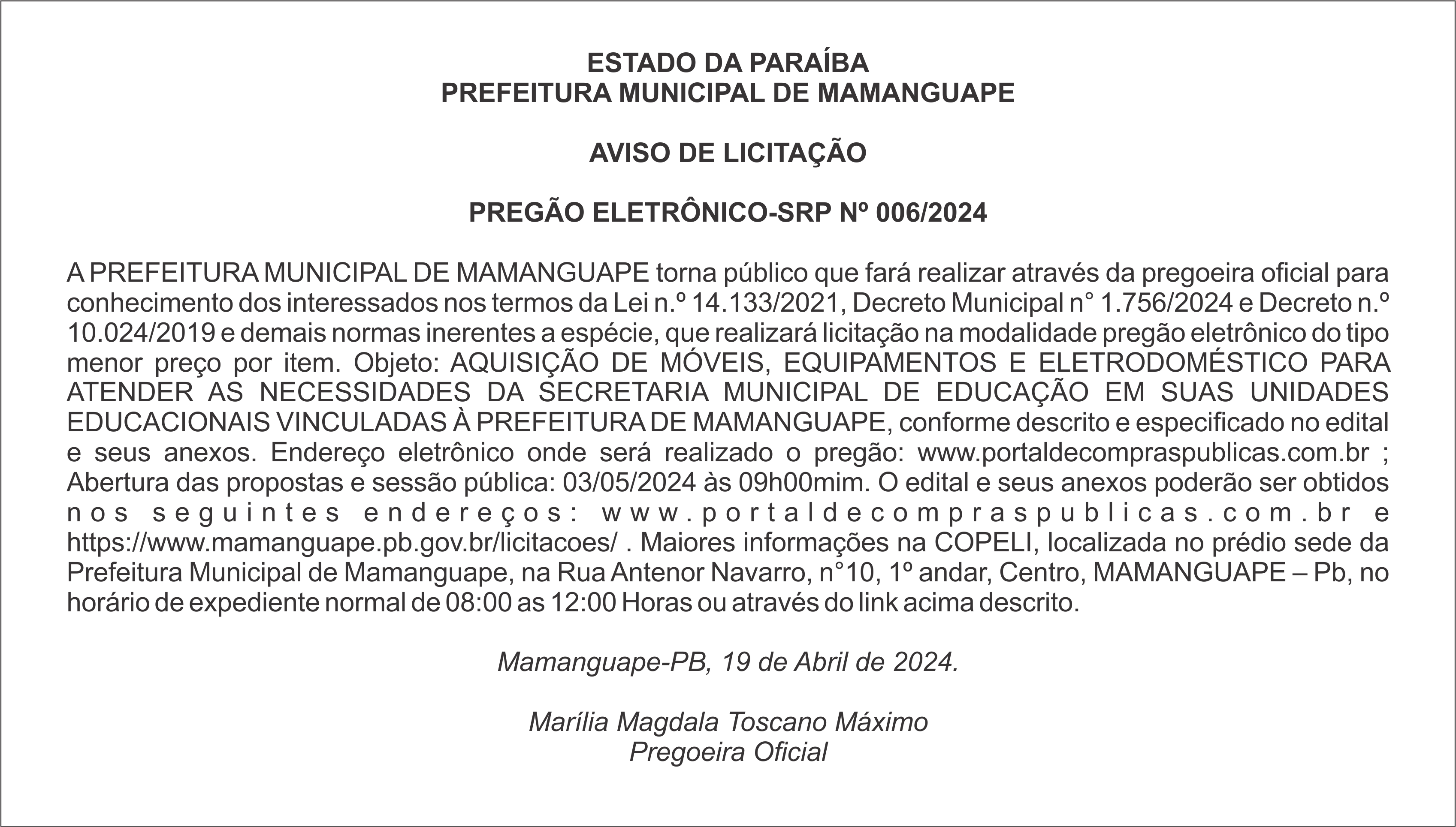 PREFEITURA MUNICIPAL DE MAMANGUAPE  – AVISO DE LICITAÇÃO – PREGÃO ELETRÔNICO-SRP Nº 006/2024
