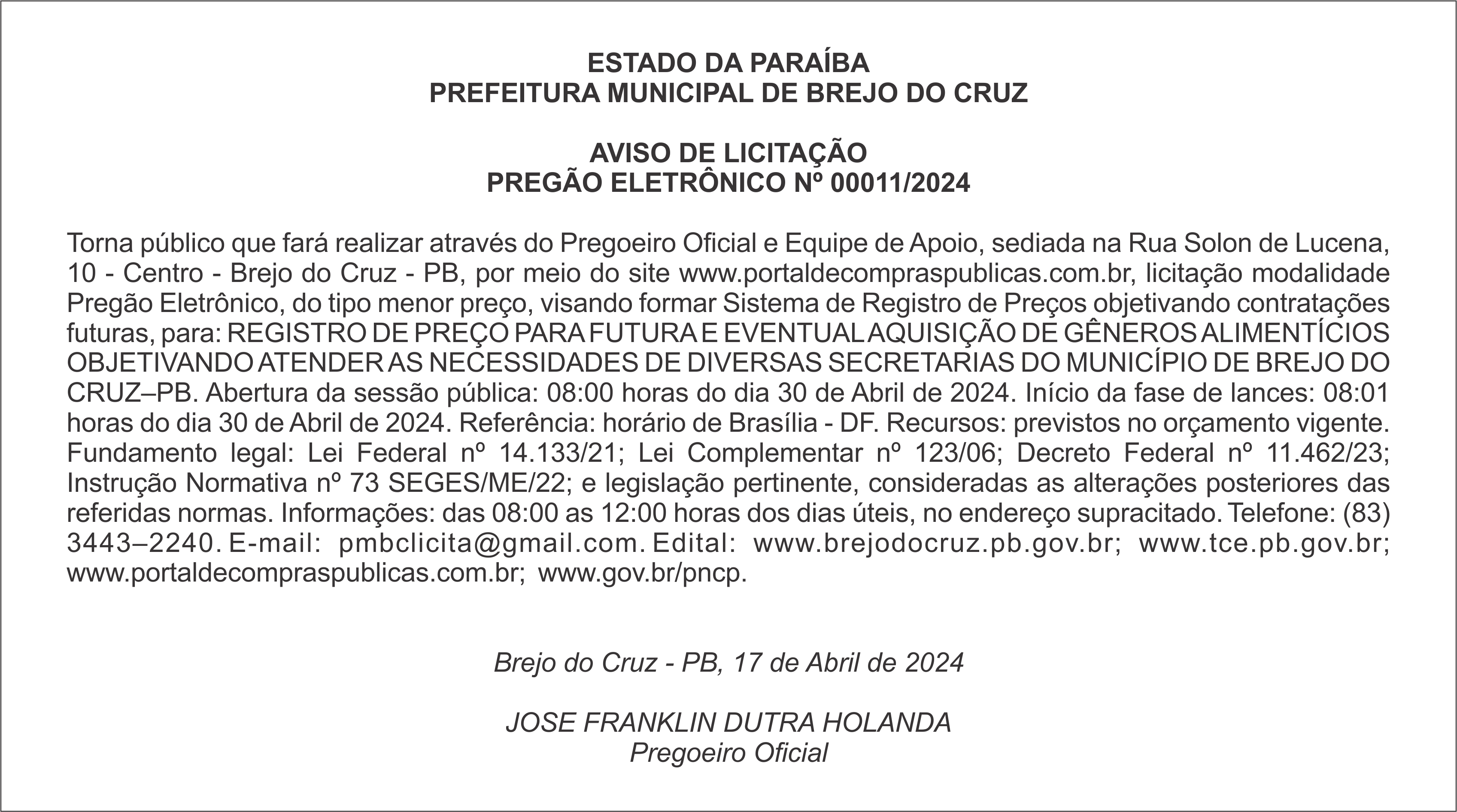 PREFEITURA MUNICIPAL DE BREJO DO CRUZ – AVISO DE LICITAÇÃO – PREGÃO ELETRÔNICO Nº 00011/2024