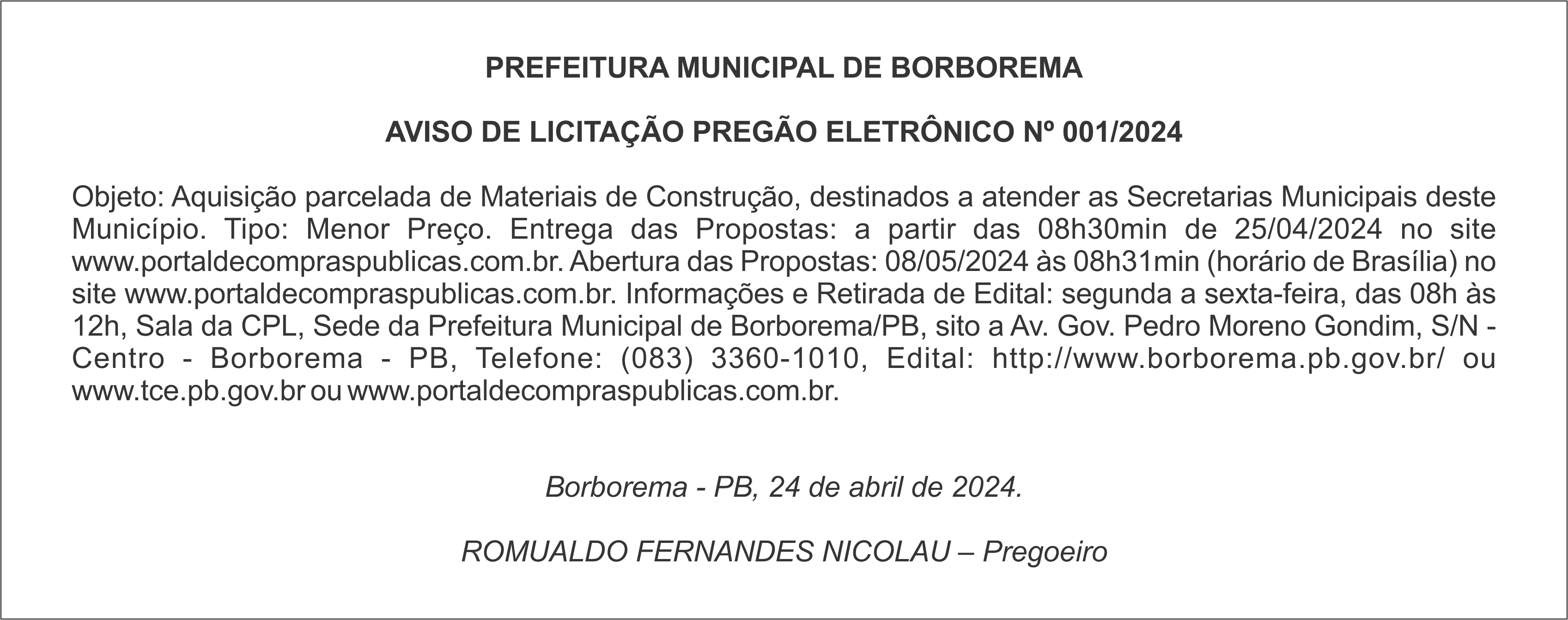 PREFEITURA MUNICIPAL DE BORBOREMA – AVISO DE LICITAÇÃO – PREGÃO ELETRÔNICO Nº 001/2024
