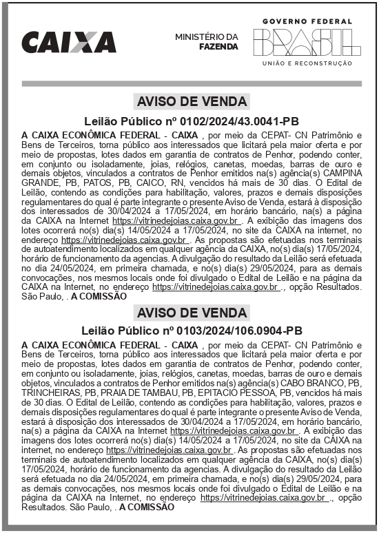 CAIXA ECONÔMICA FEDERAL – DF – BRASILIA – AVISO DE VENDA – LEILÃO PÚBLICO N° 0102/2024/43.0041-PB e N° 0103/2024/106.0904-PB