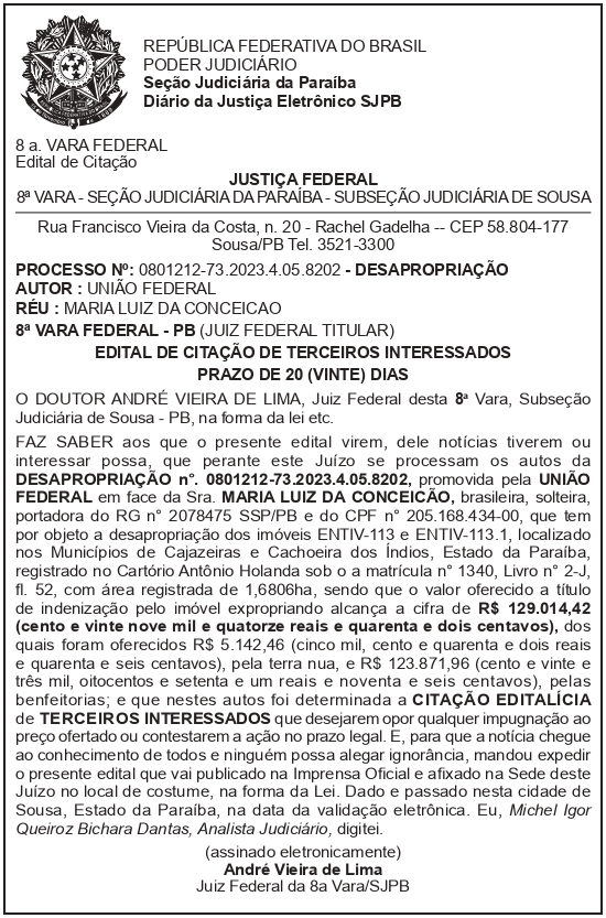 MDR – DF – BRASÍLIA – Edital de Citação de Terceiro Interessado – ENTIV-113 e 113.1