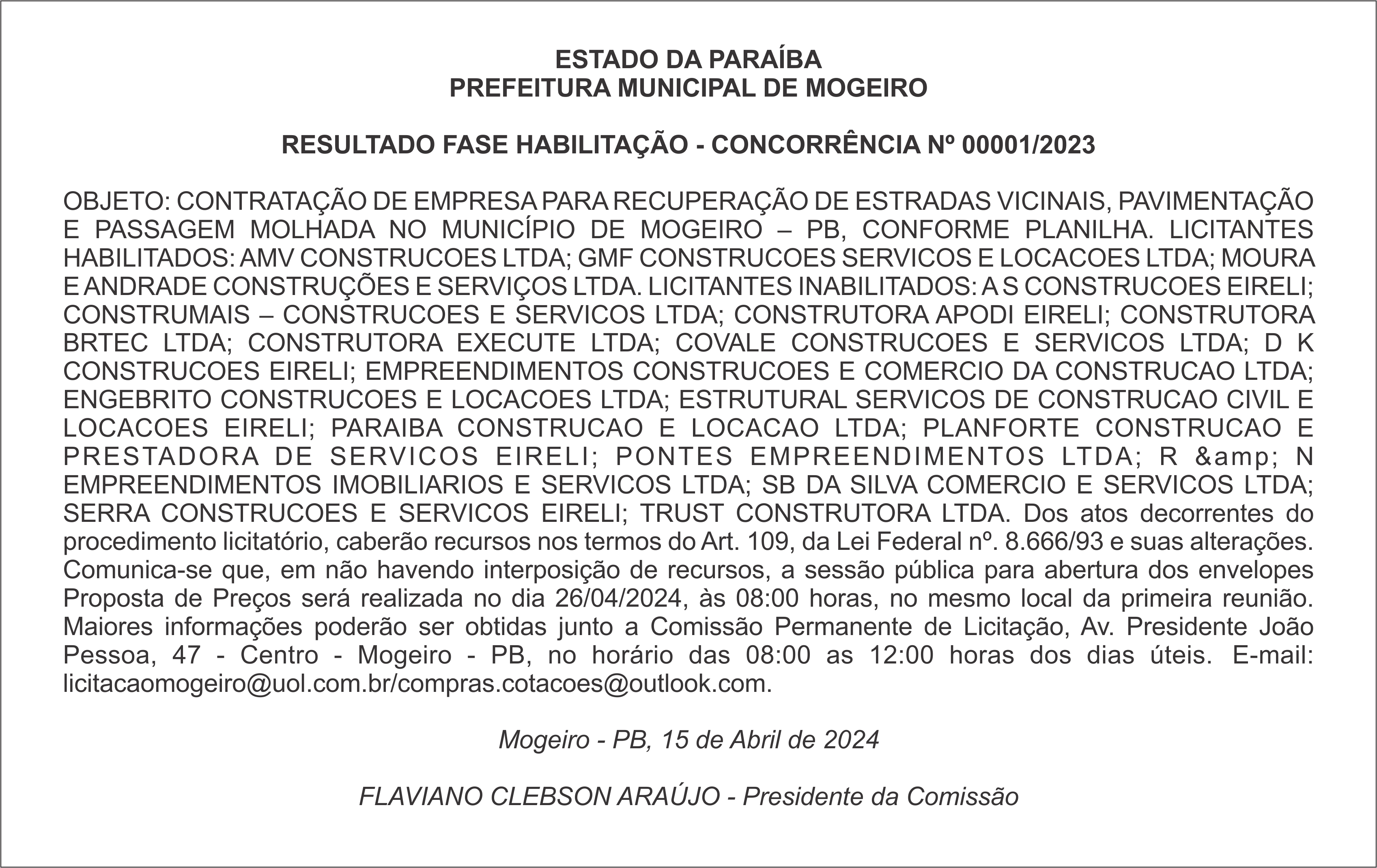 PREFEITURA MUNICIPAL DE MOGEIRO – RESULTADO FASE HABILITAÇÃO – CONCORRÊNCIA Nº 00001/2023