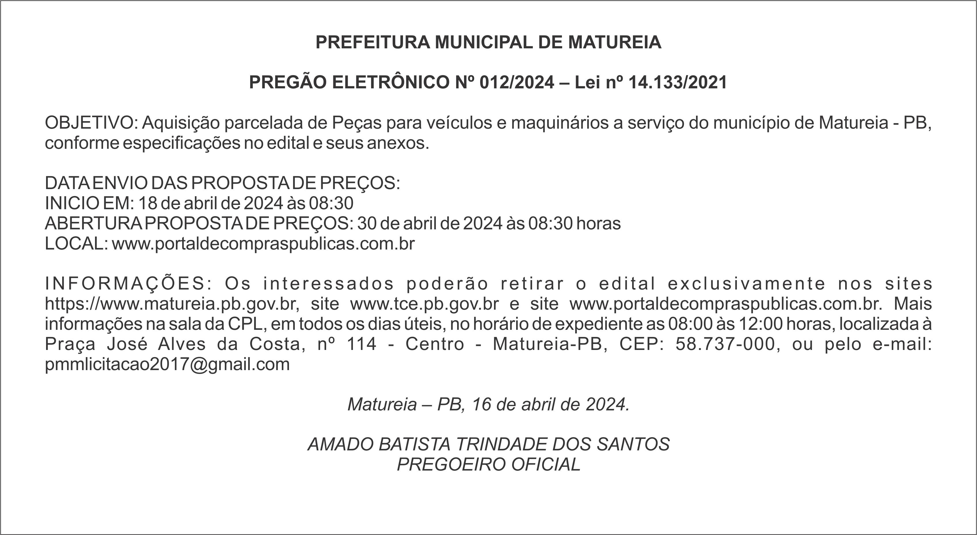PREFEITURA MUNICIPAL DE MATUREIA – PREGÃO ELETRÔNICO Nº 012/2024