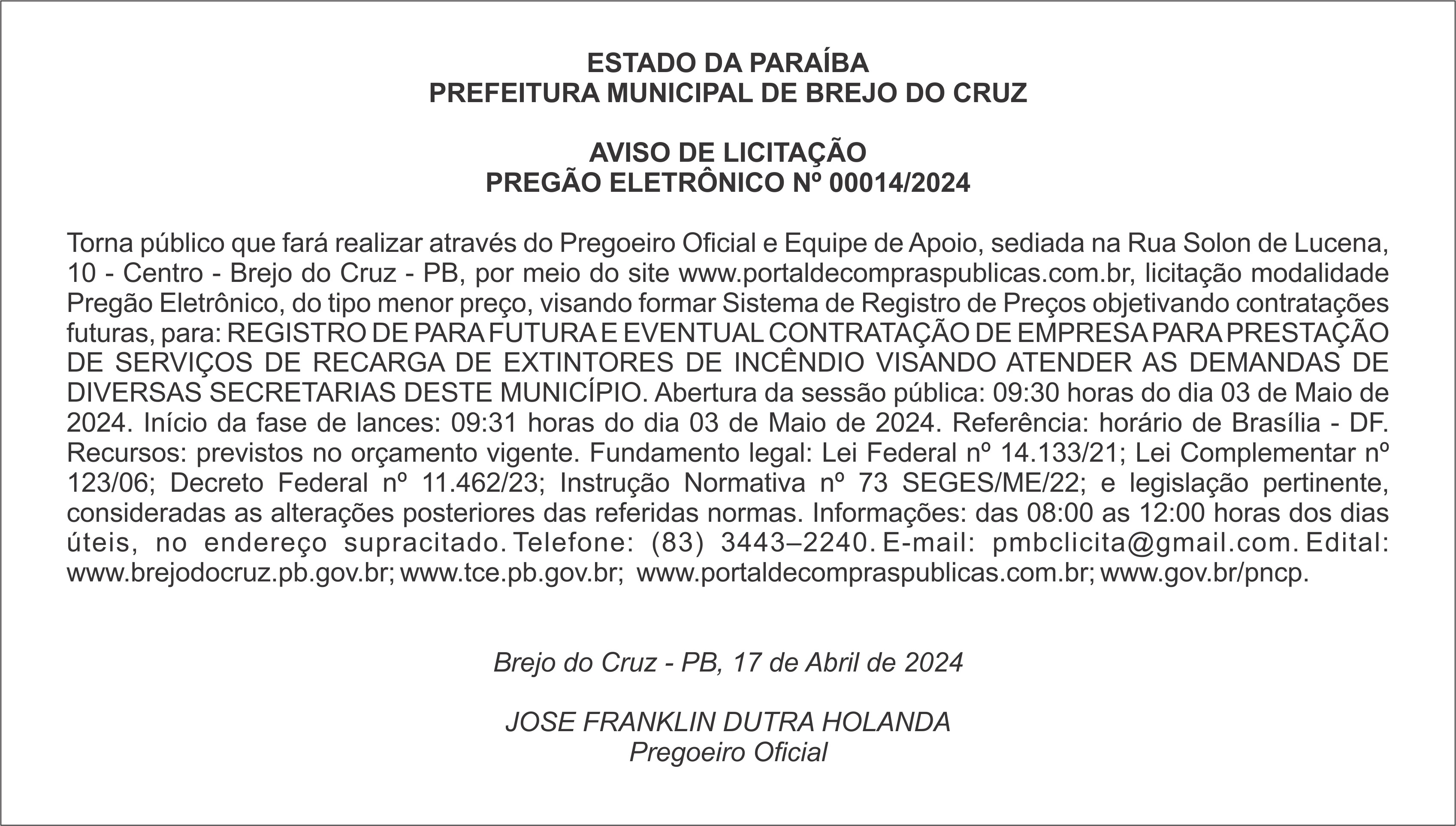 PREFEITURA MUNICIPAL DE BREJO DO CRUZ – AVISO DE LICITAÇÃO – PREGÃO ELETRÔNICO Nº 00014/2024