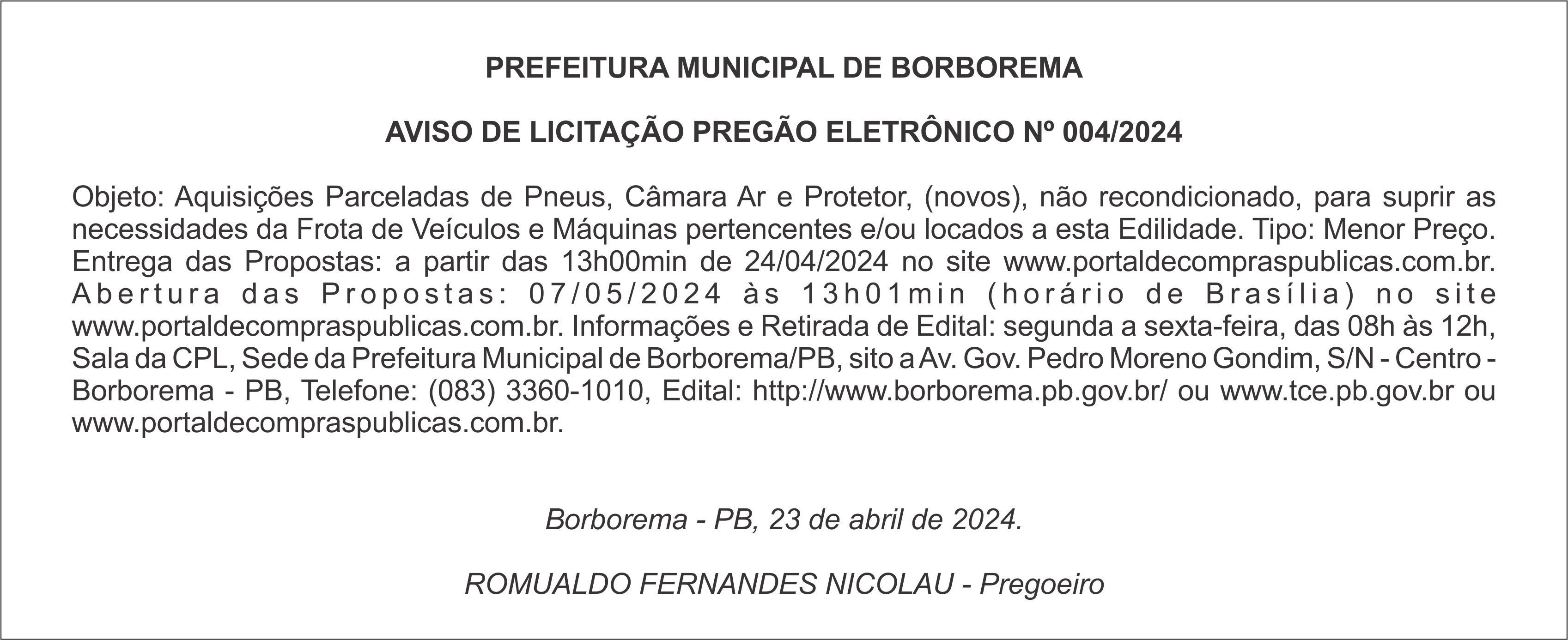 PREFEITURA MUNICIPAL DE BORBOREMA – AVISO DE LICITAÇÃO – PREGÃO ELETRÔNICO Nº 004/2024
