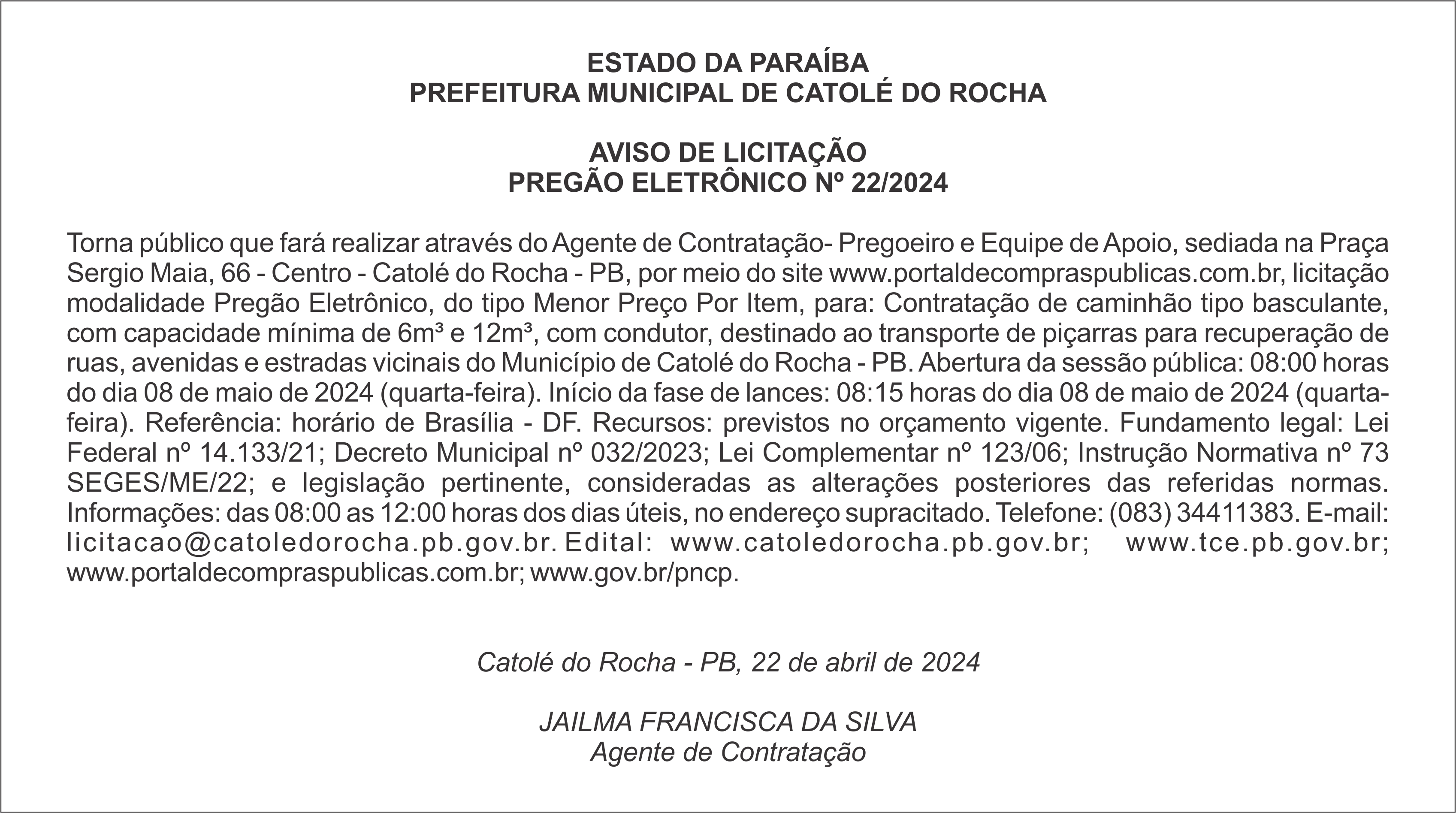PREFEITURA MUNICIPAL DE CATOLÉ DO ROCHA – AVISO DE LICITAÇÃO – PREGÃO ELETRÔNICO Nº 22/2024