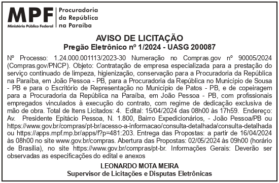 PGR/MPU – SAMPF – DF – BRASÍLIA – SEDE – AVISO DE LICITAÇÃO -PREGÃO ELETRÔNICO N° 1/2024 – UASG 200087