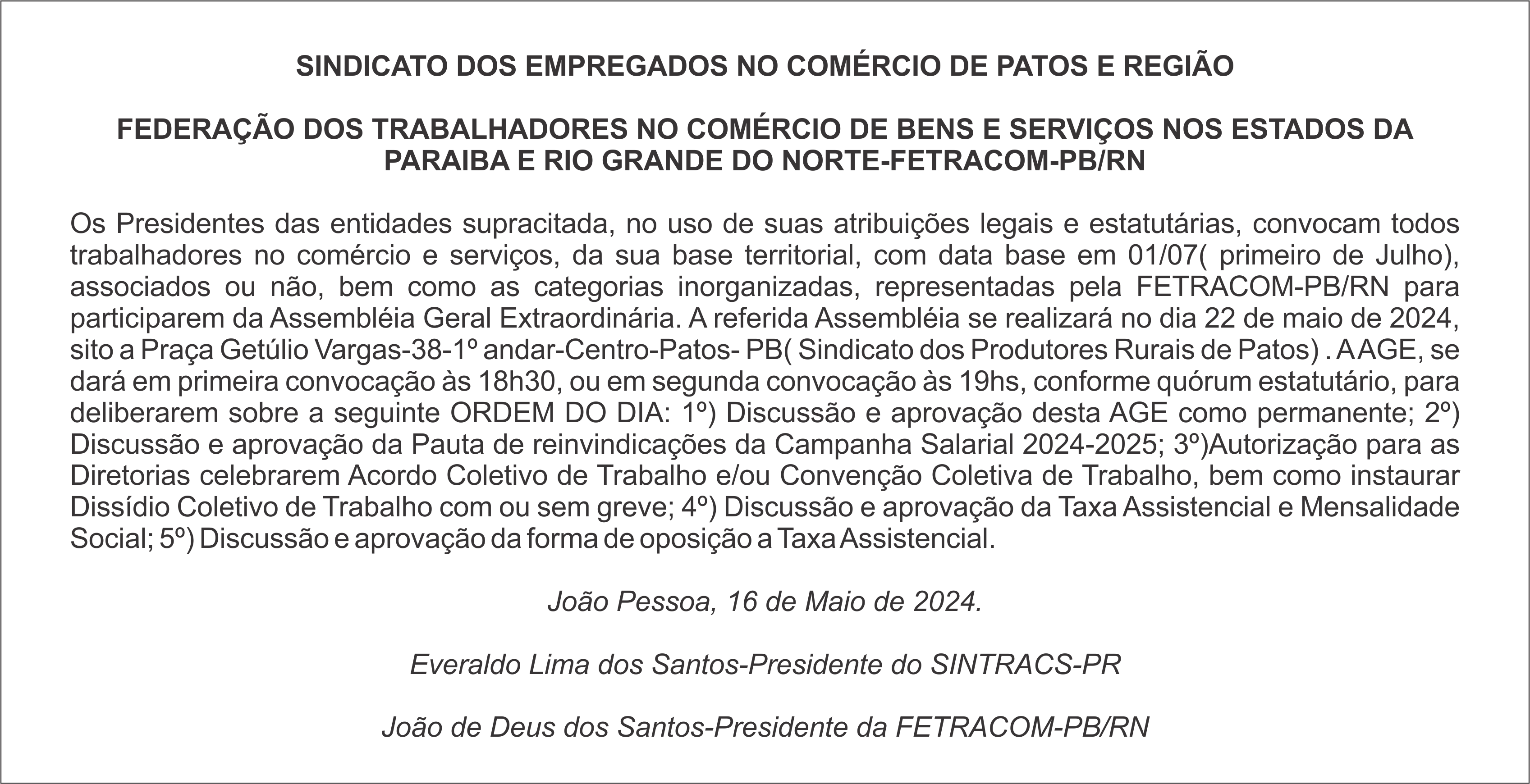SINTRACS-PR / FETRACOM-PB/RN – EDITAL DE CONVOCAÇÃO